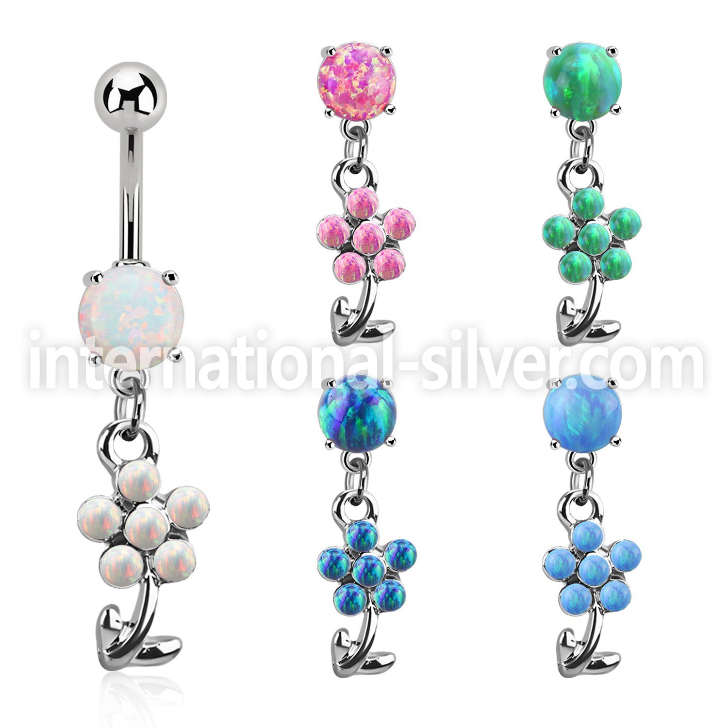 moopfl15 steel belly banana w 7mm opal dangling flower 5 petals