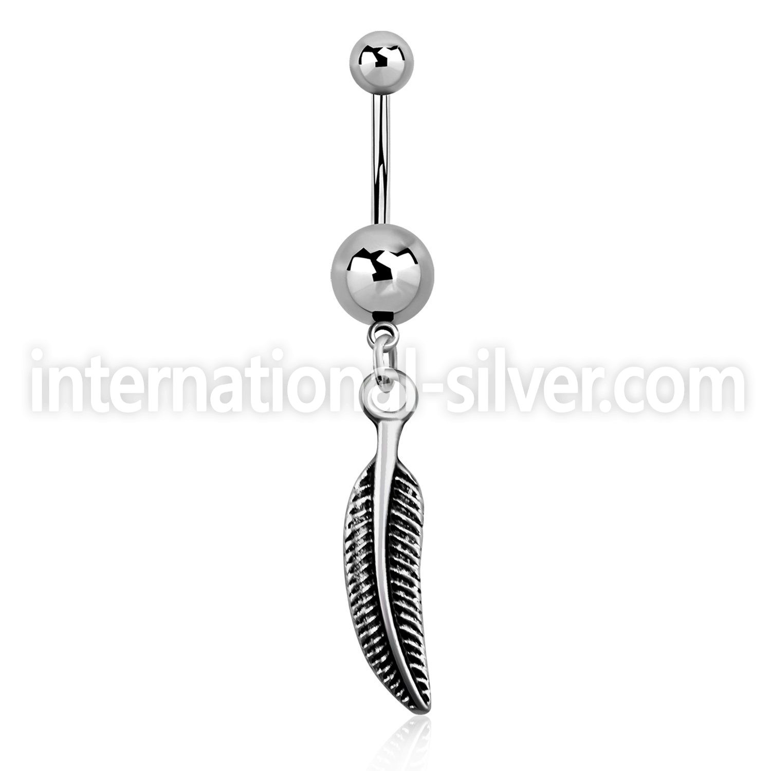 msd638 316l steel belly banana w a dangling curved feather