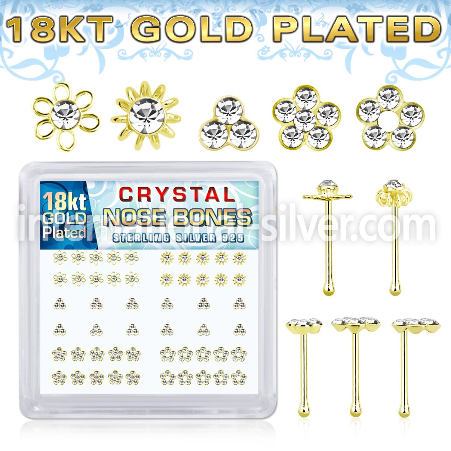 nbbxm7cg 18k gold plated silver nose bones with clear flower