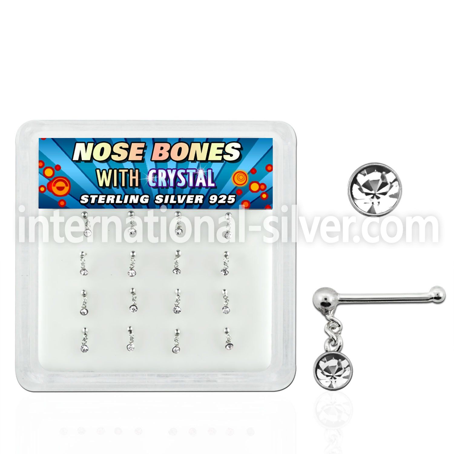 nbdc16 box of silver nose bones w ball top dangling crystal