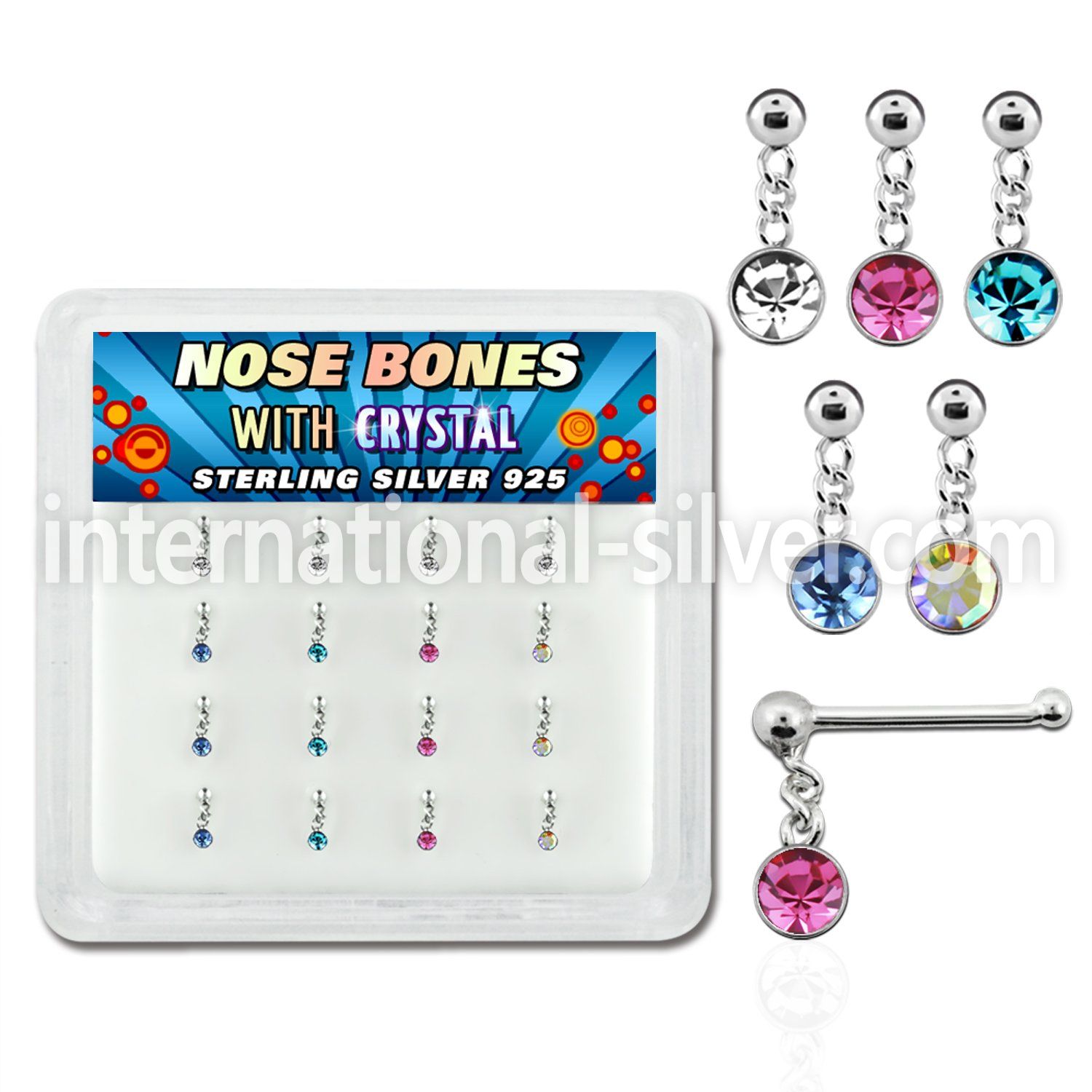 nbdm16 silver nose bones w ball dangling color crystal