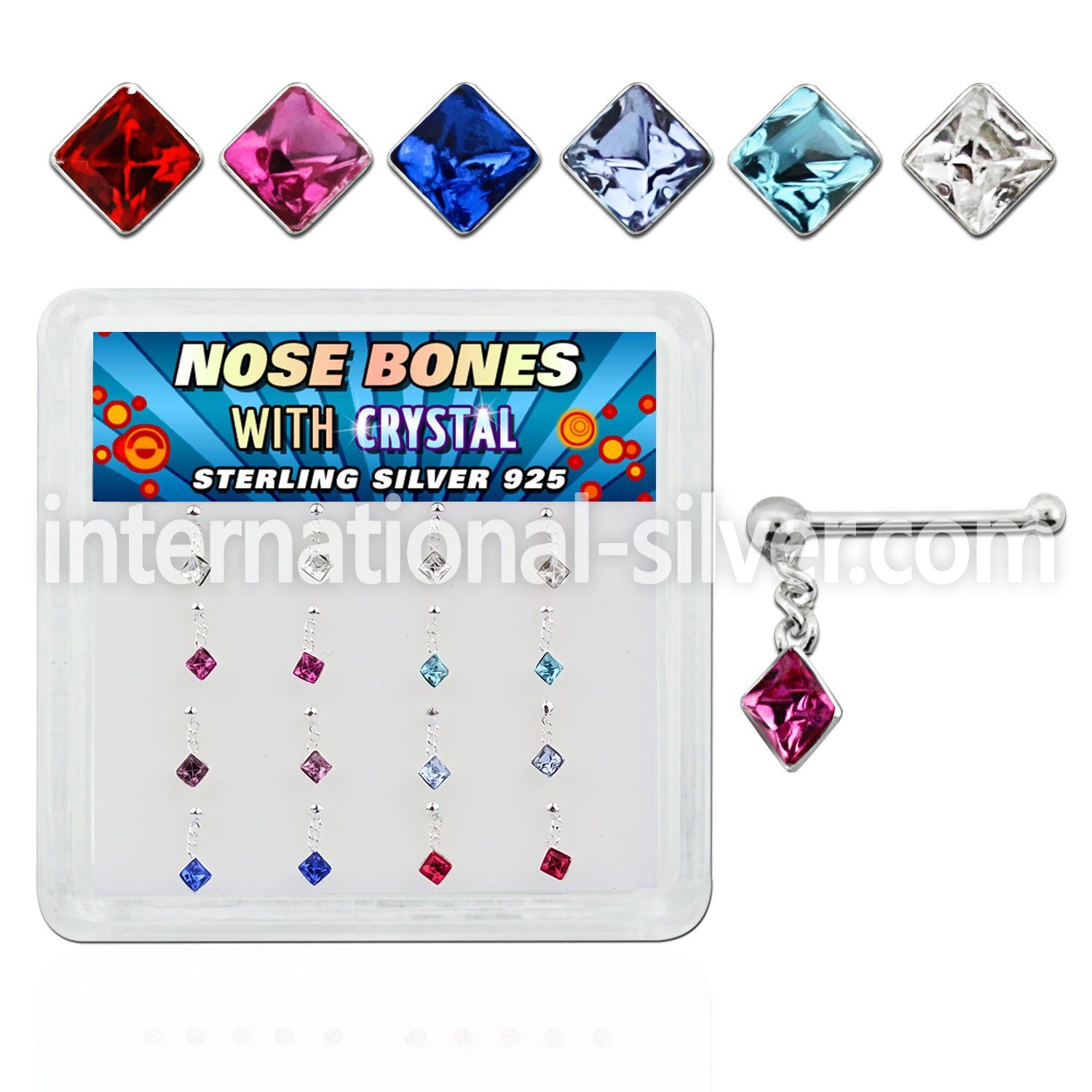 nbdqm16 silver nose bones w ball dangling square crystal