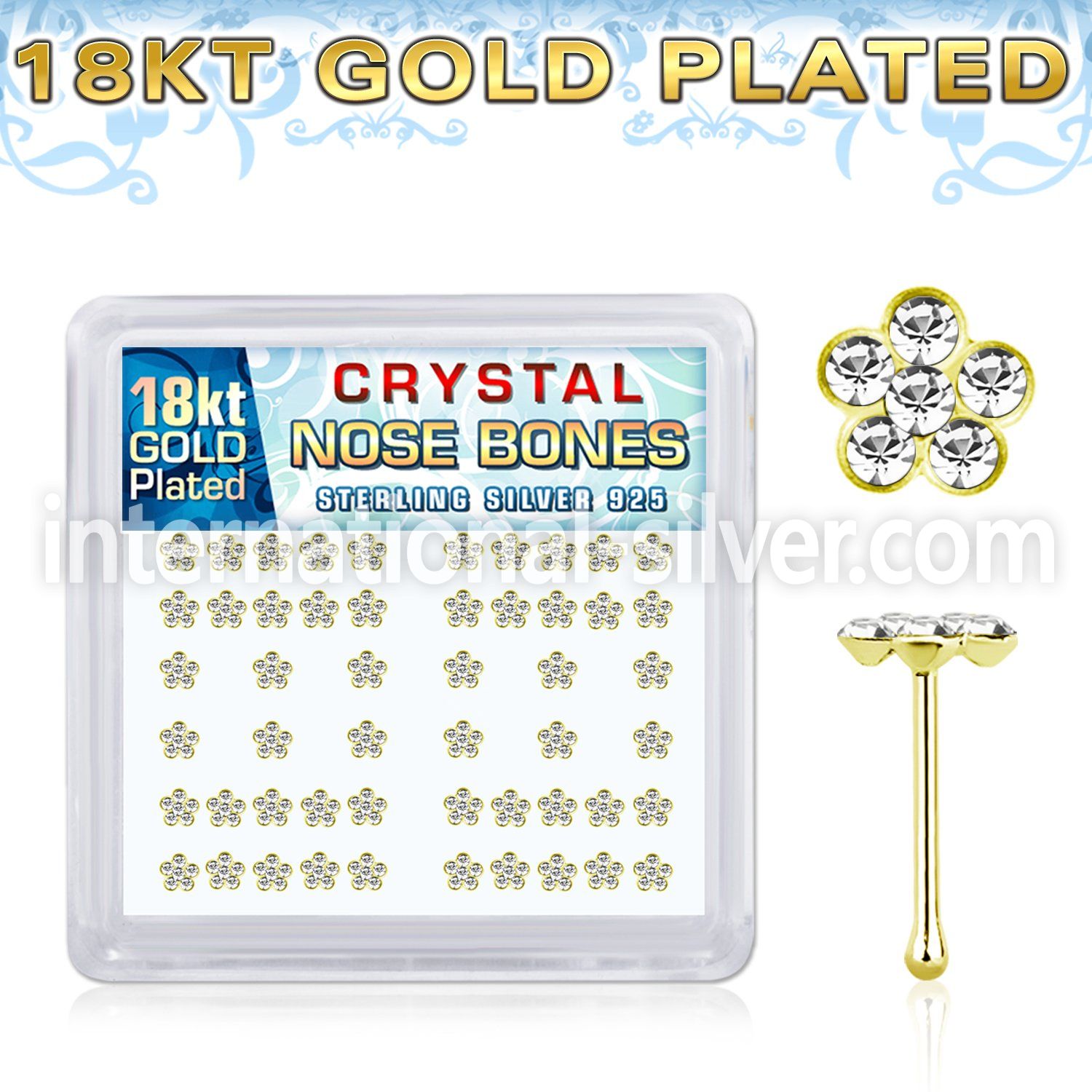 nbflbxcg 18k gold plated silver nose bones with clear flower