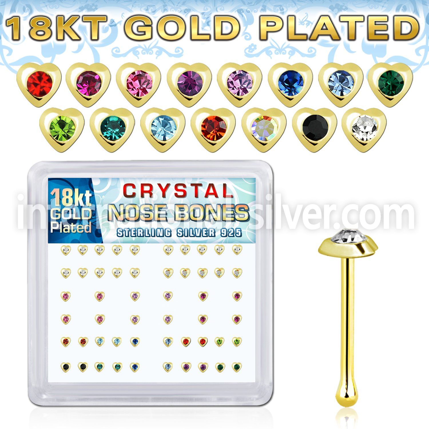 nbhrbxmg 18k gold plated silver nose bones  with color heart