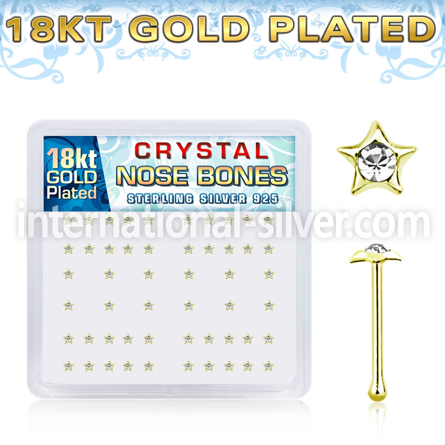nbstxcg 18k gold plated silver nose bones with clear star