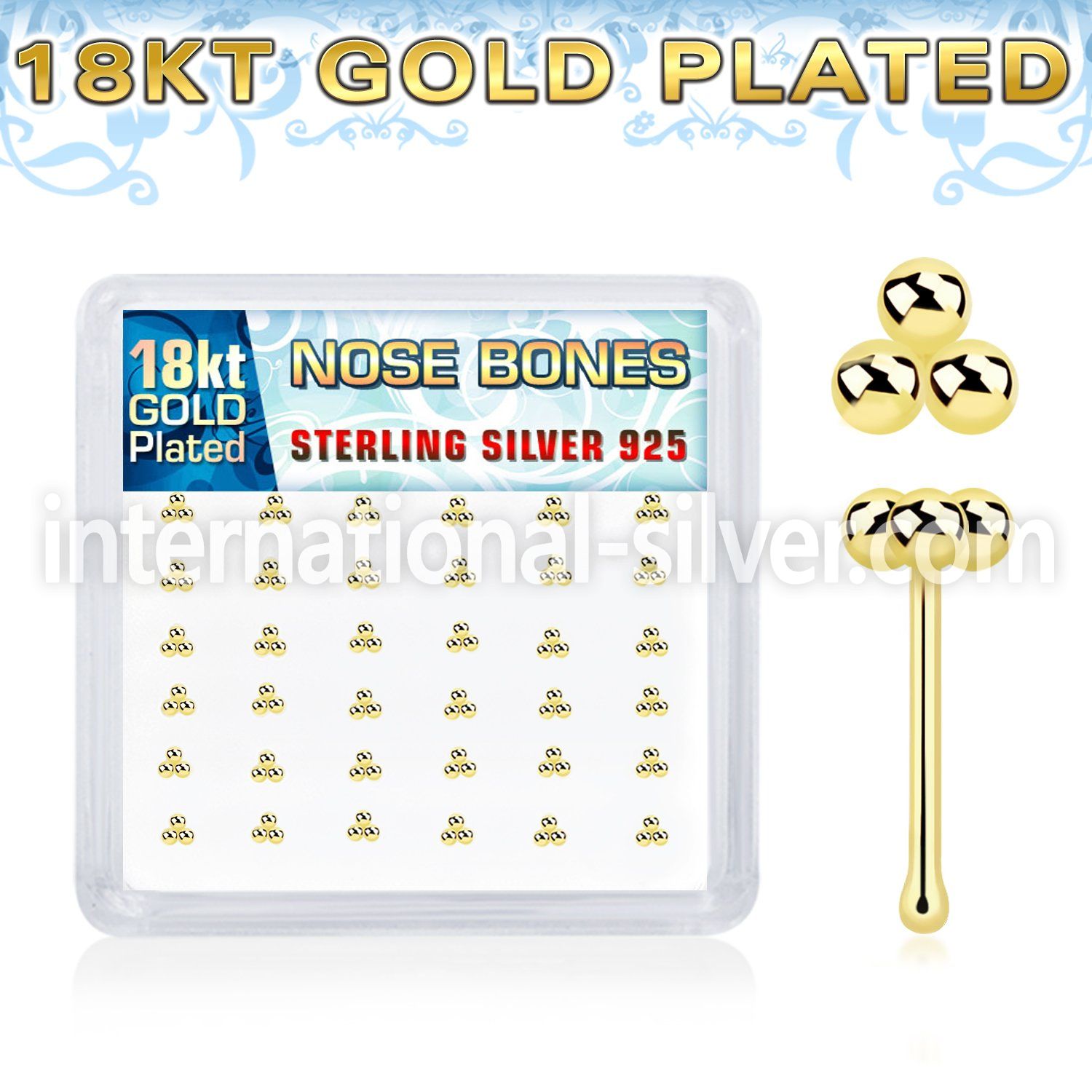 nbtsv36g 18k plating silver nose bones triple balls 36pcs