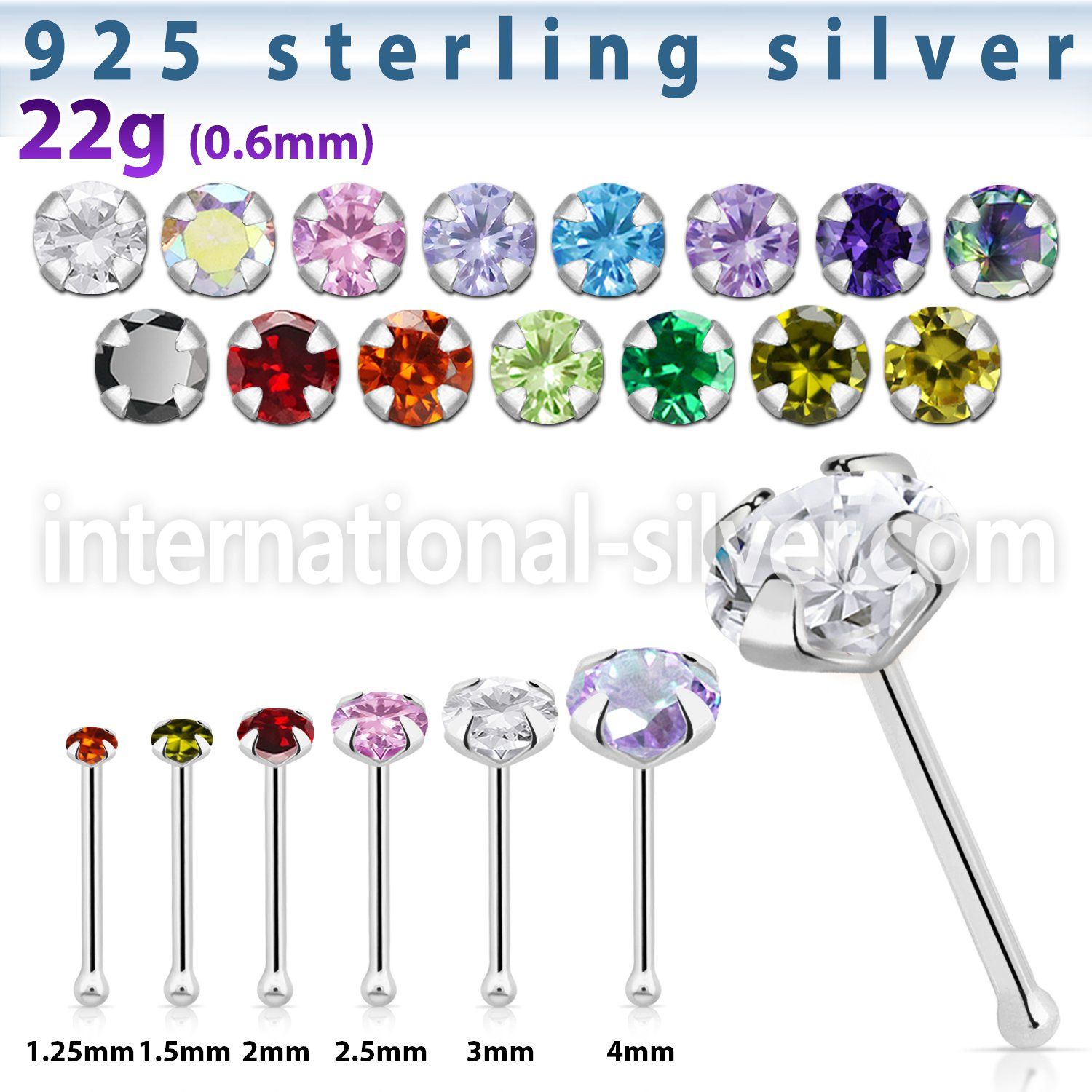 nbz sterling silver 22g nose bone round cz