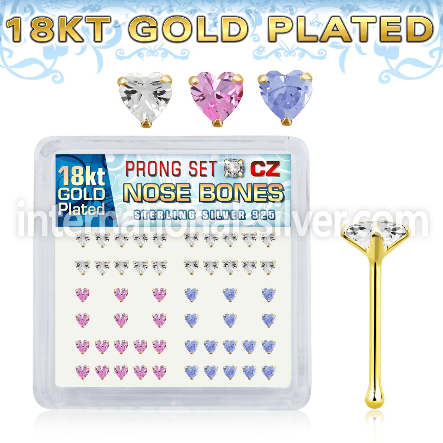 nbzhmg 18k gold plated silver nose bones with prong cz heart