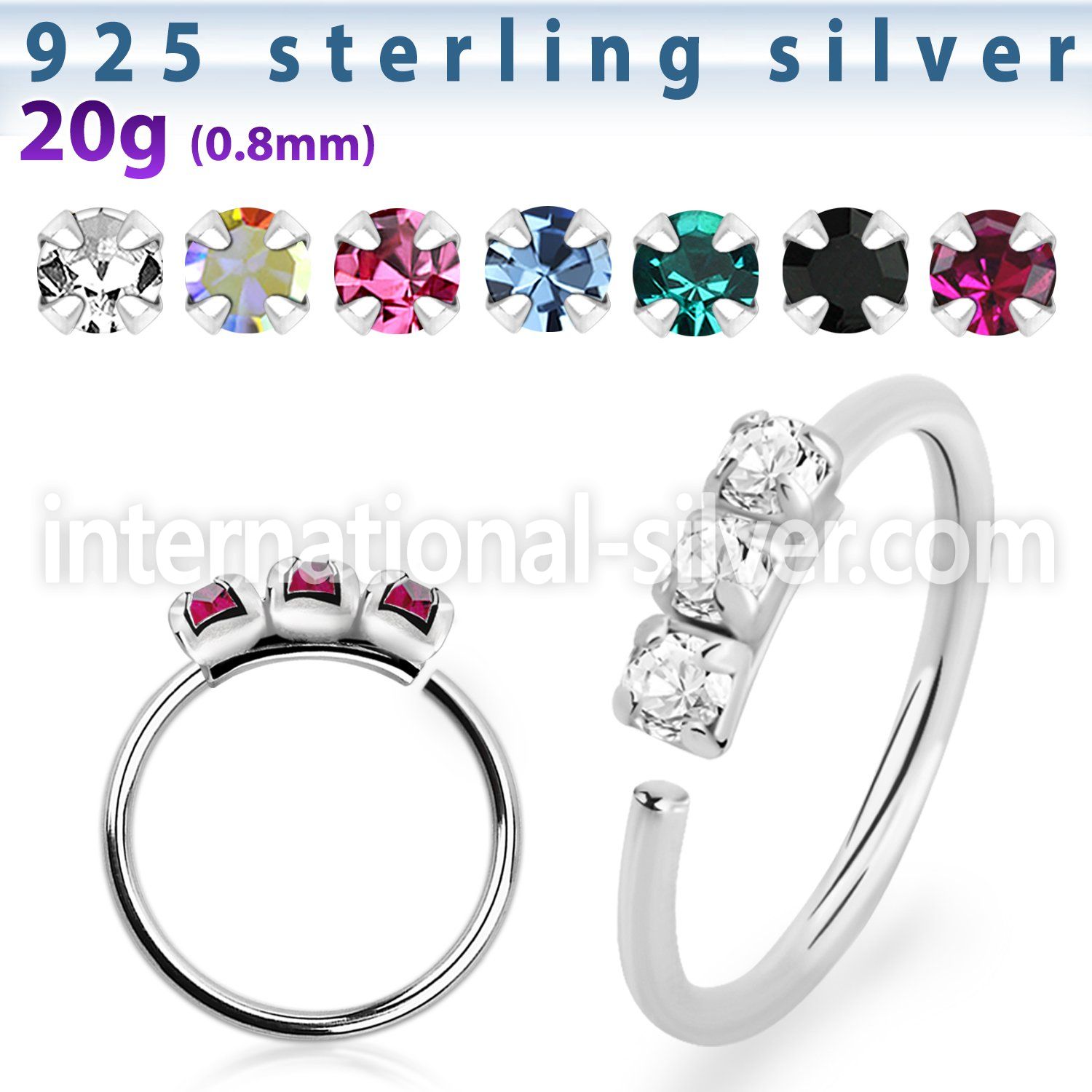 nham 925 sterling silver seamless nose ring 1.5mm prong set color crystals