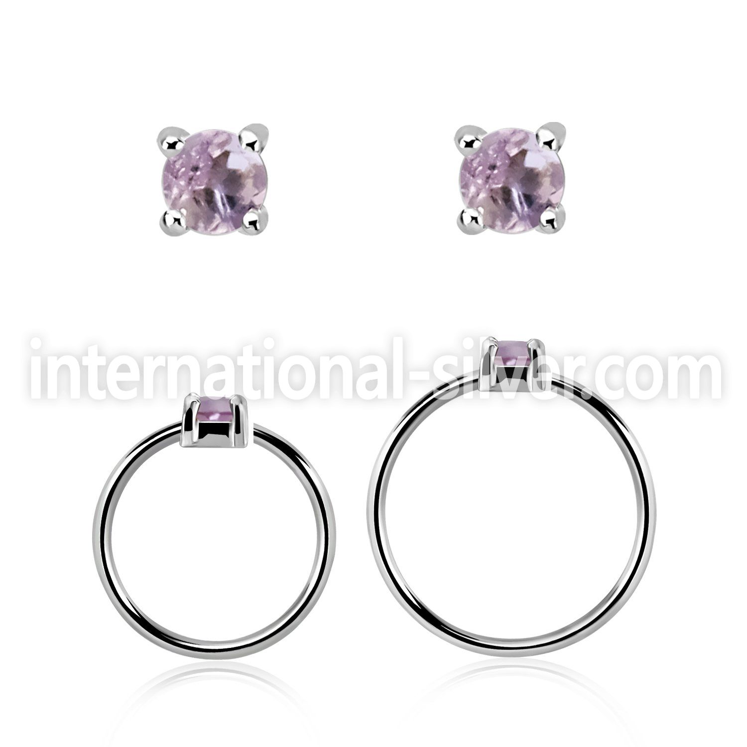 nhge1 silver nose ring w a 2mm amethyst in casting prong set