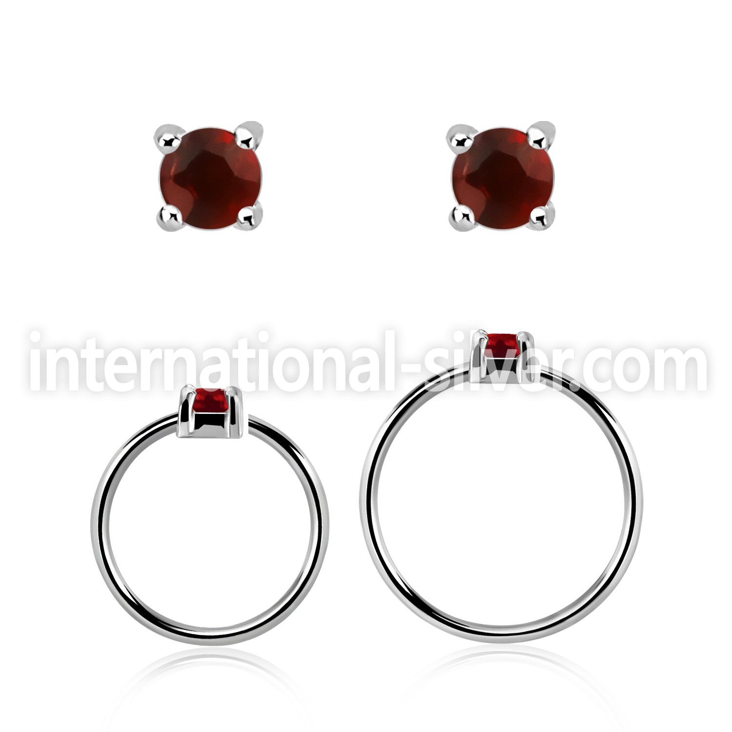 nhge2 silver nose ring w a 2mm garnet in casting prong set