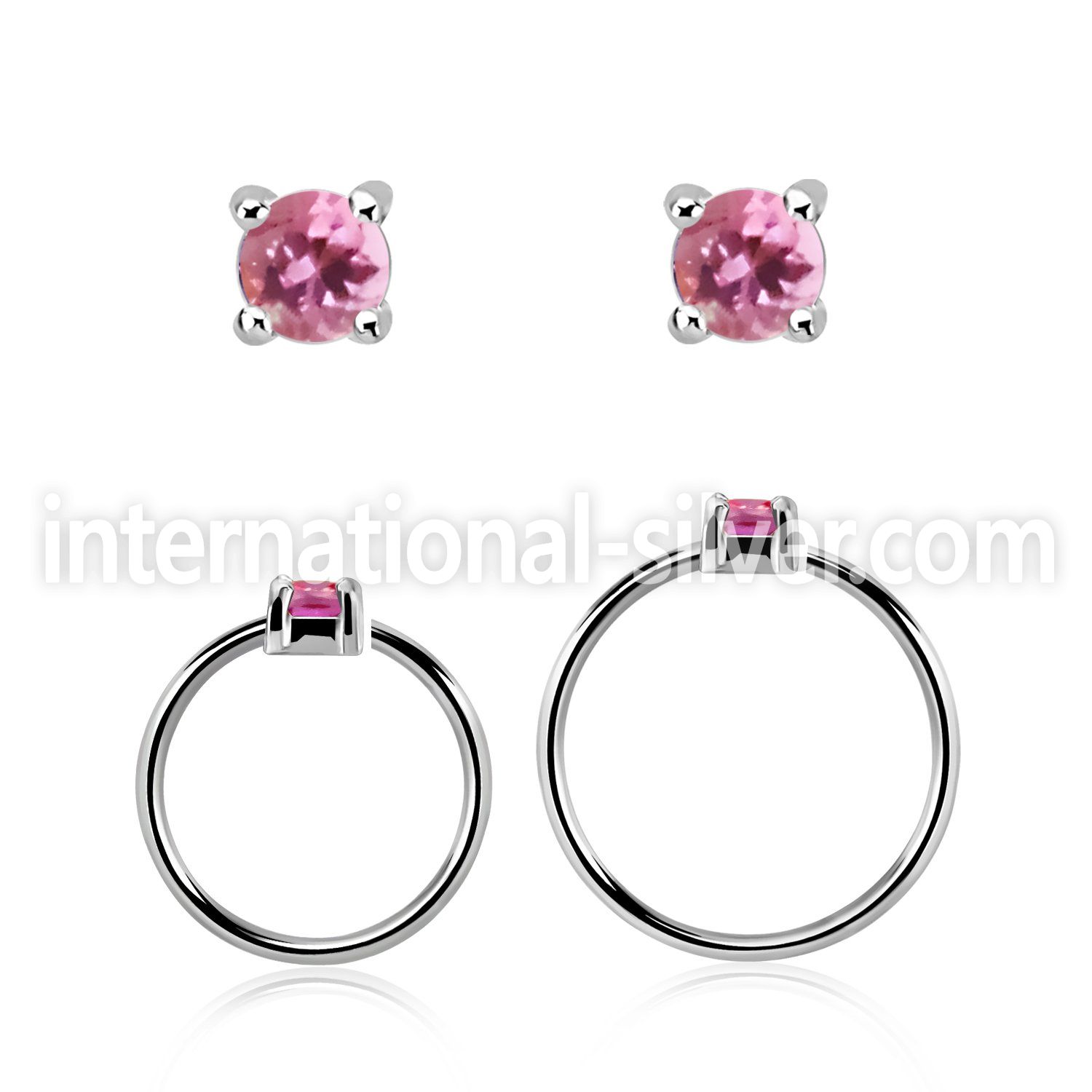 nhge3 silver nose ring w 2mm pink tourmaline casting prong set