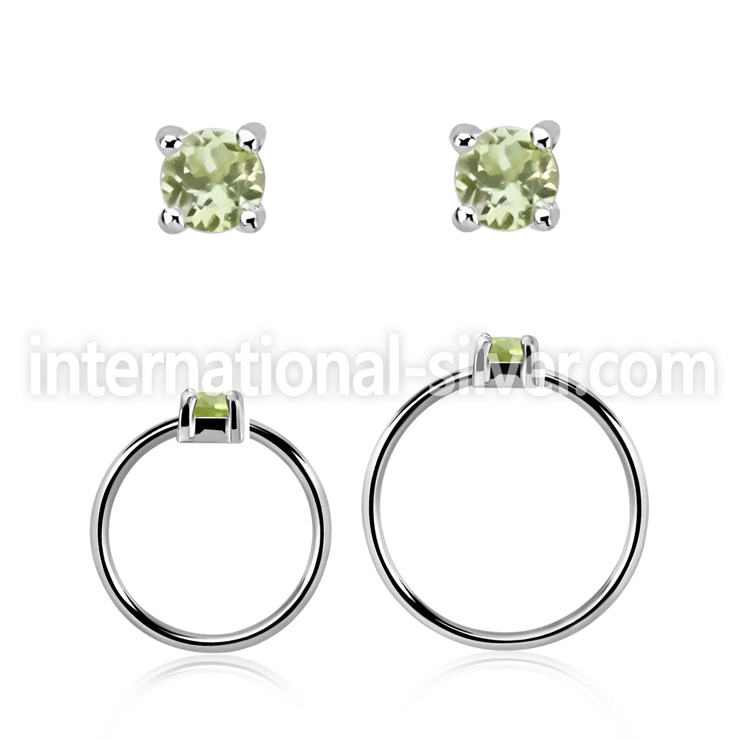 nhge4 silver nose ring w a 2mm peridot in casting prong set
