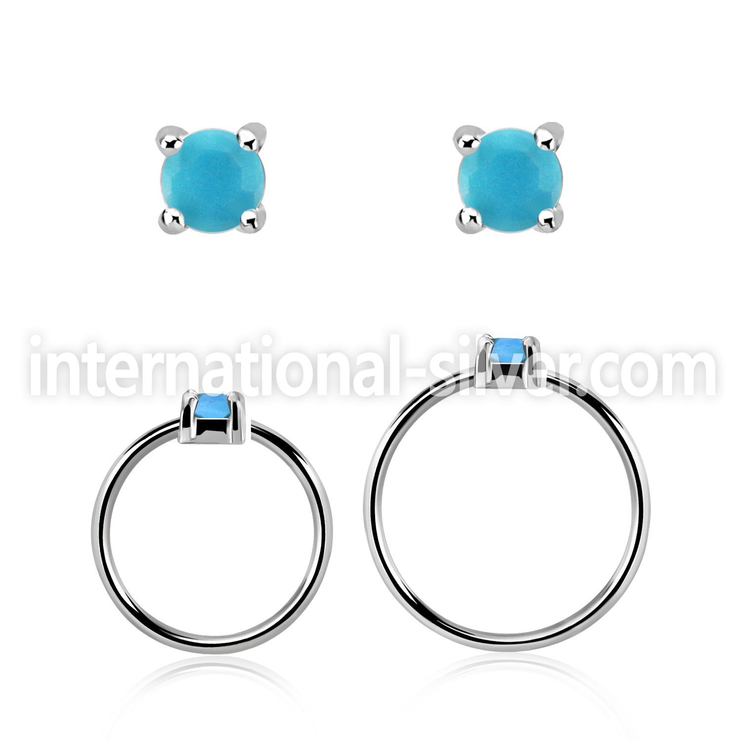 nhge7 silver nose ring w a 2mm turquoise in casting prong set