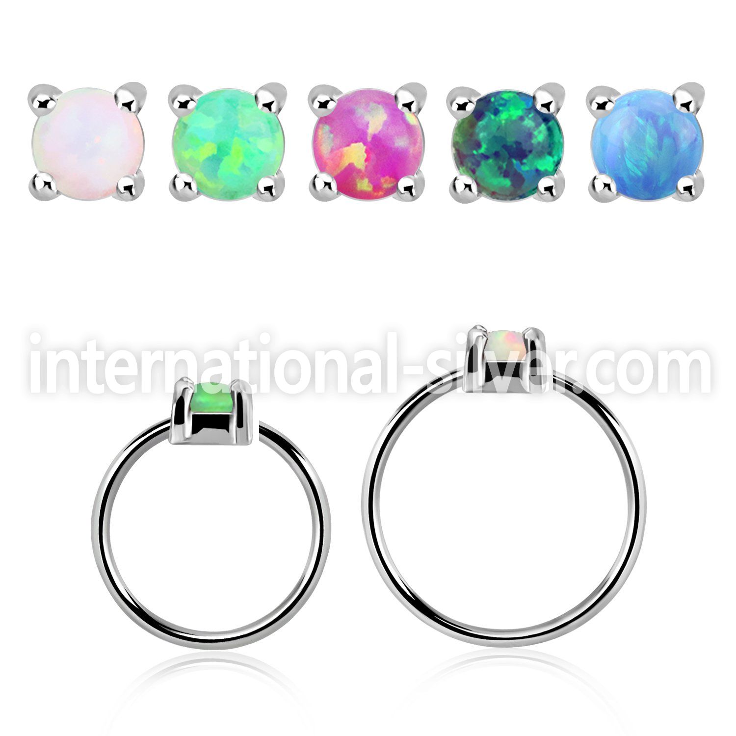 nho25 silver nose ring w 2.5mm synthetic opal casted prong set