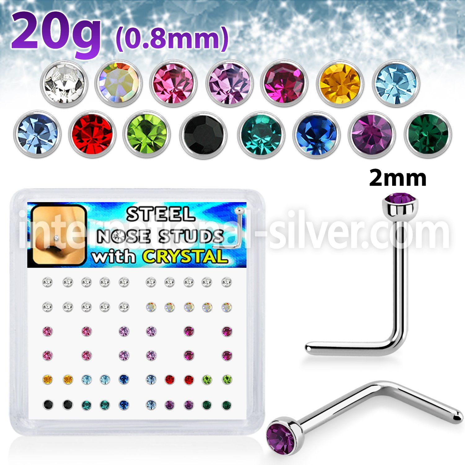 nlc20xm surgical steel nose studs round color gem tops