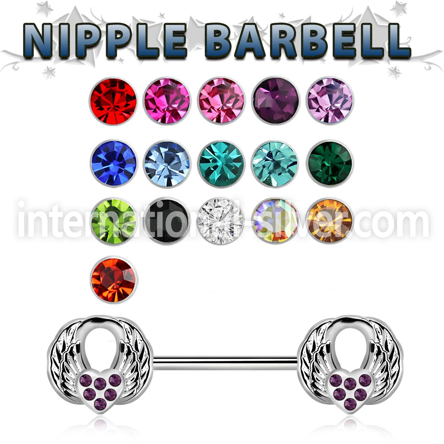 npsh24 steel nipple barbell w twin wings with crystals