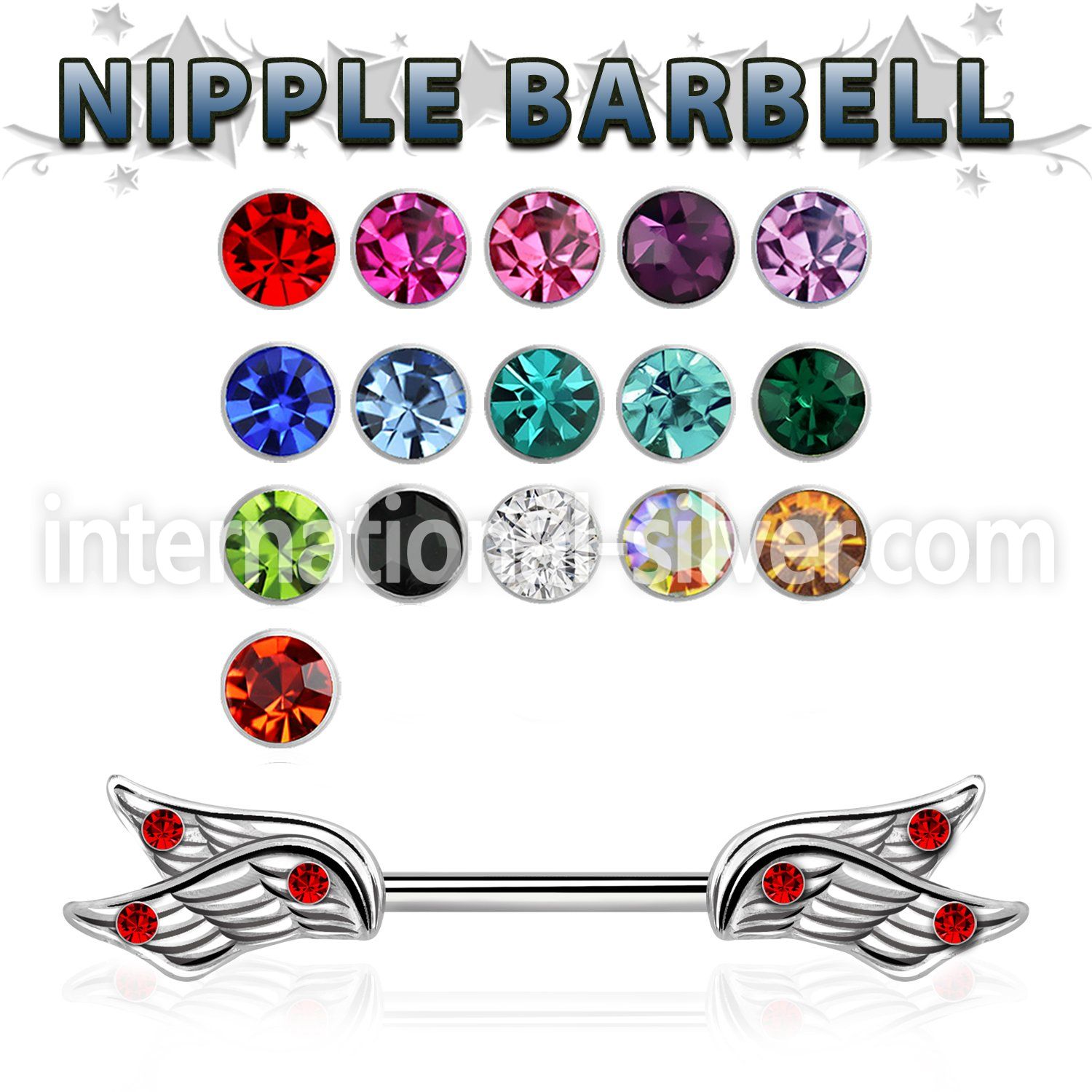 npsh26 steel nipple barbell w double wings w 3 crystals