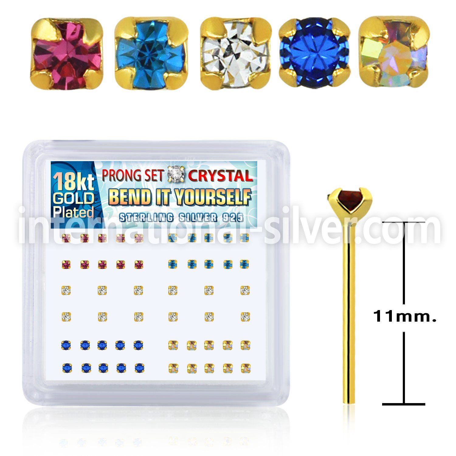 npygm box w 52 silver bend it nose studs w 1.8mm set crystal