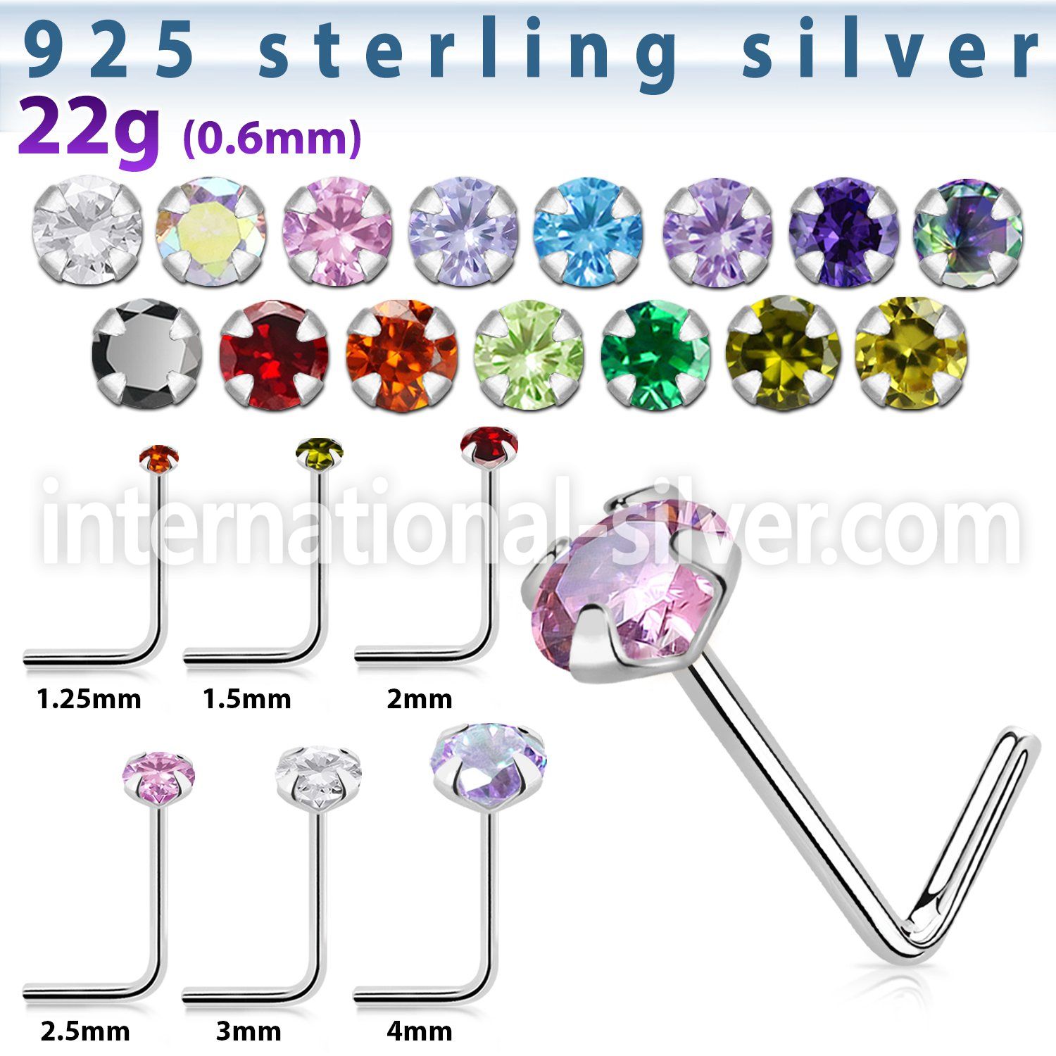 nsz sterling silver 22g l shaped nose stud round cz