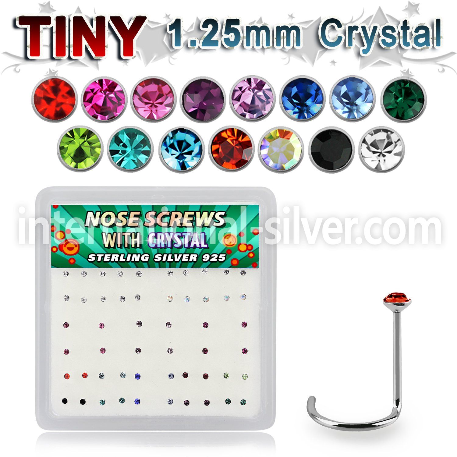 nw6mx box w 52 silver nose screws w tiny 1.25mm mix crystals