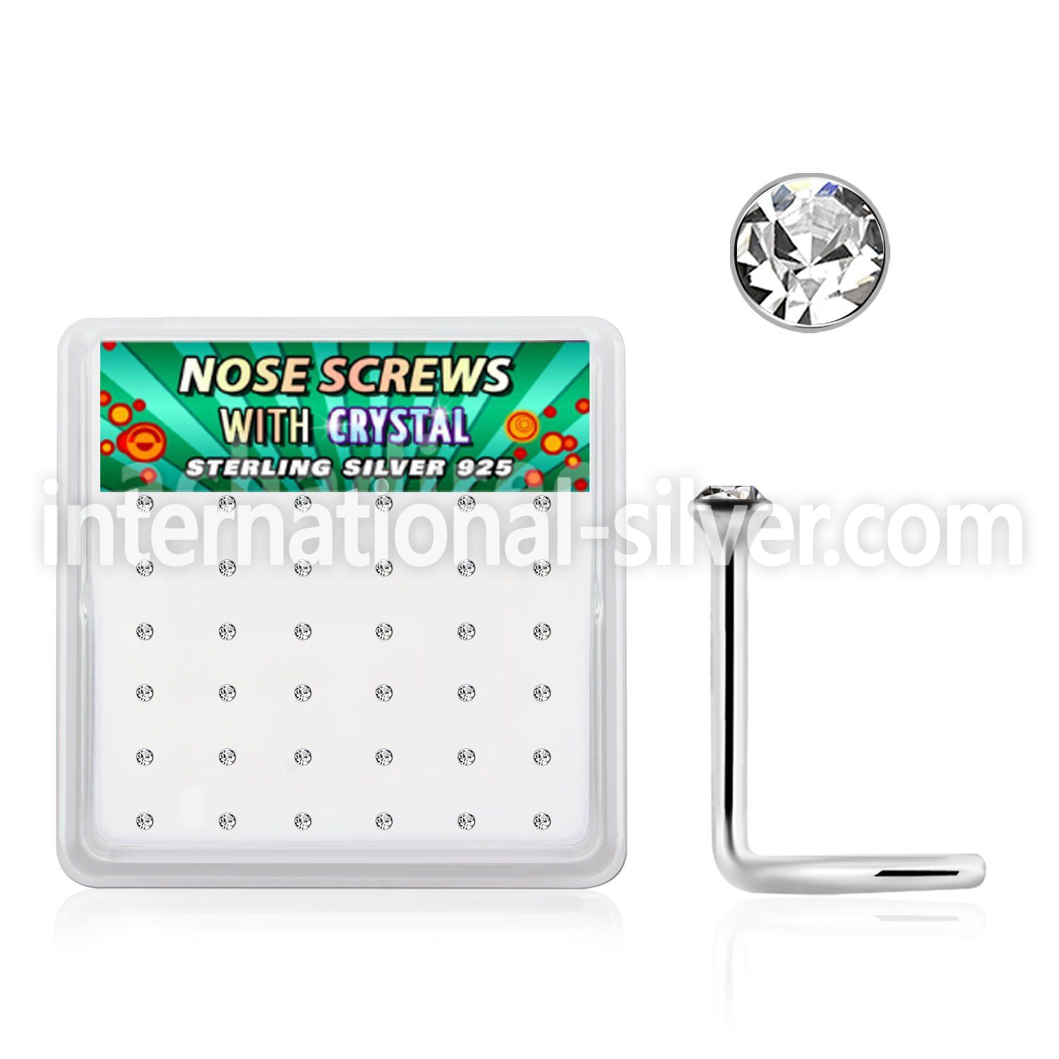 nw9cbx box of silver nose screws, 20g w 1.5mm clear crystal top
