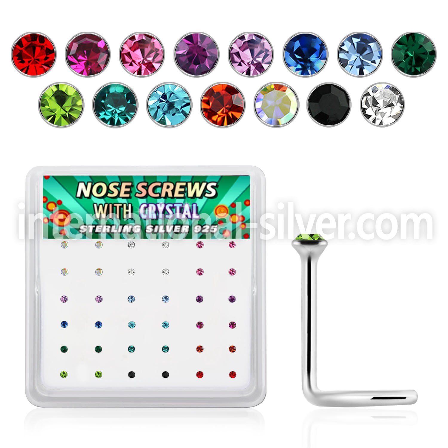 nw9mbx box of silver nose screws, 20g w 1.5mm color crystal top