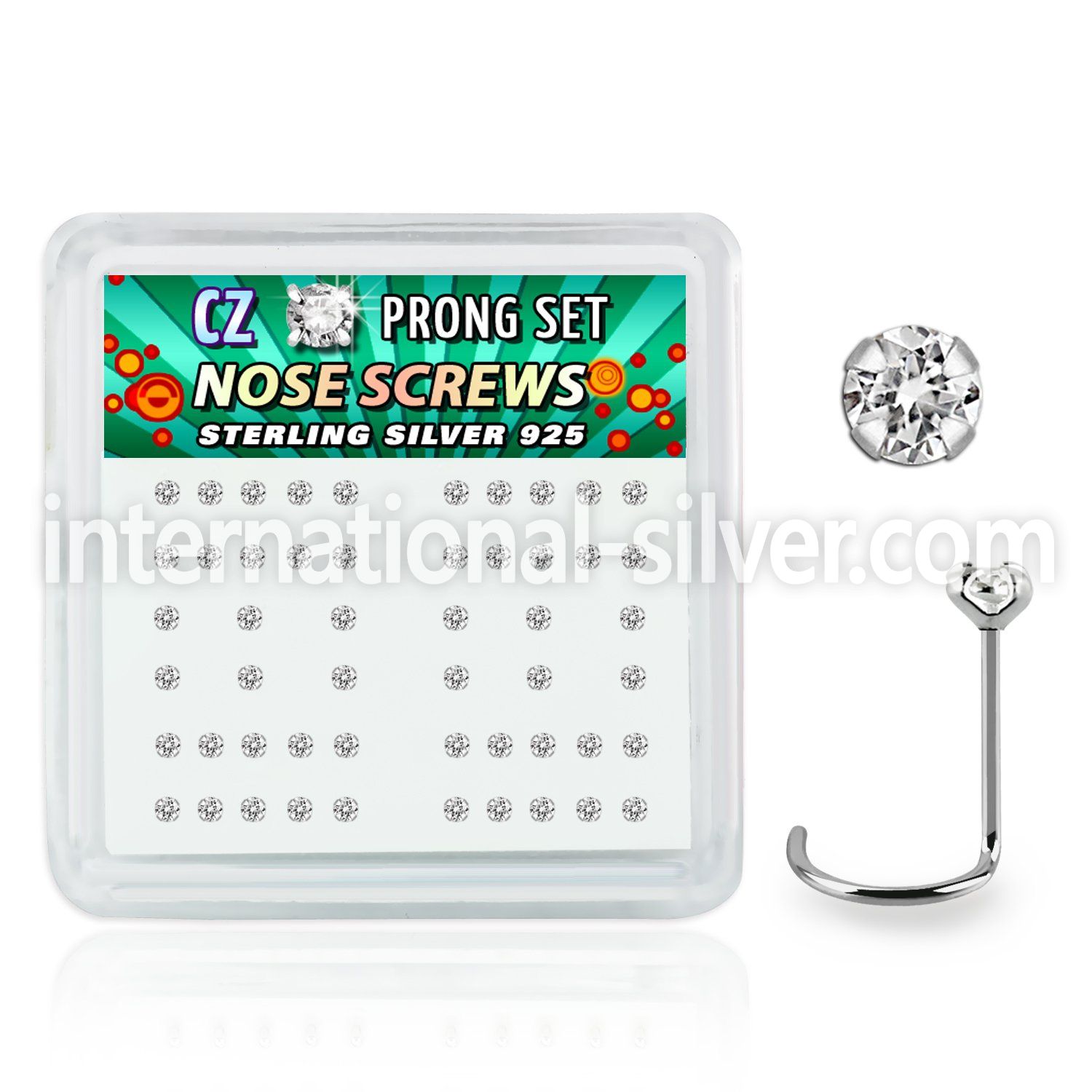 nwczbxc box w 52 silver nose screws w prong set 2mm clear czs