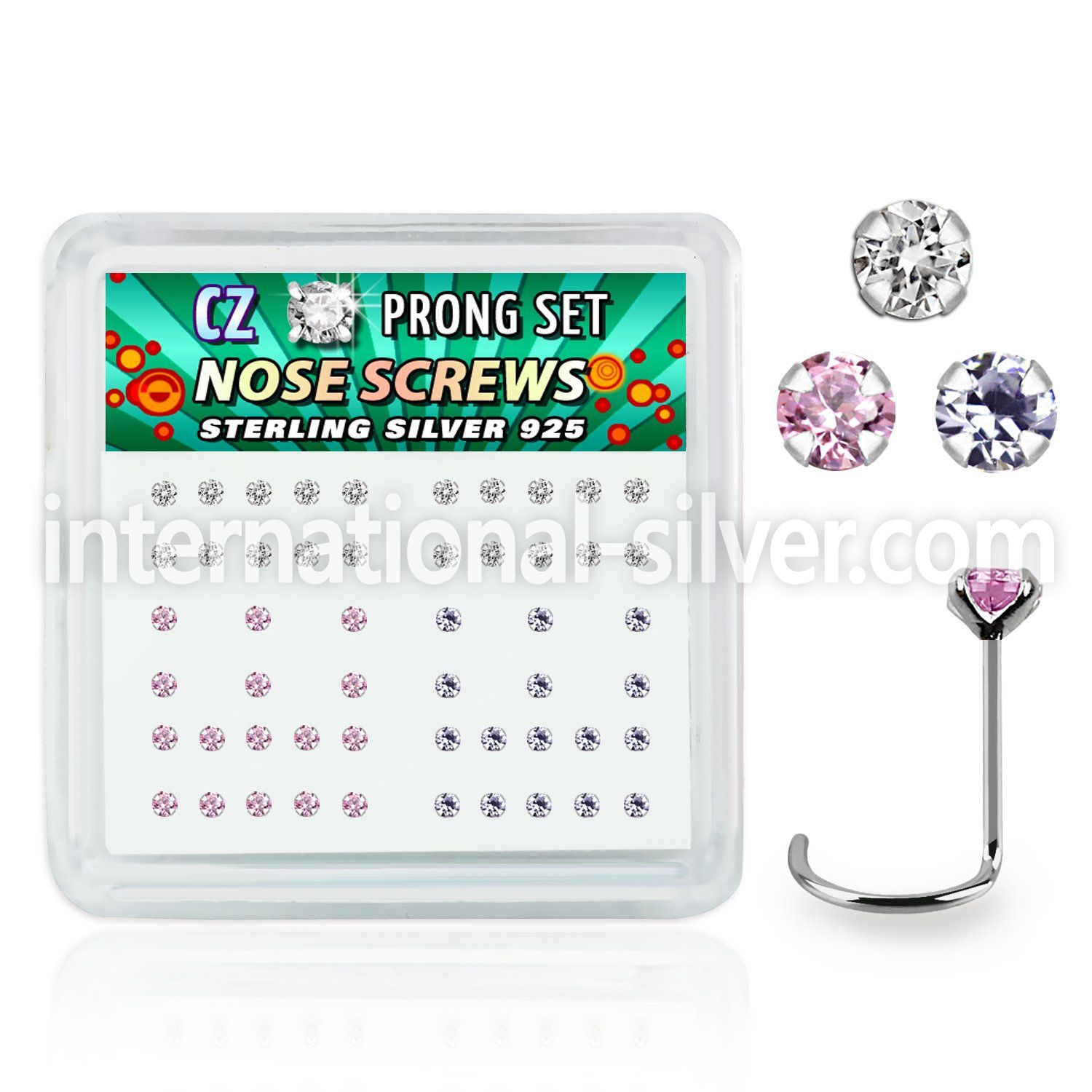 nwczbxm box w 52 silver nose screws w prong set 2mm mix czs