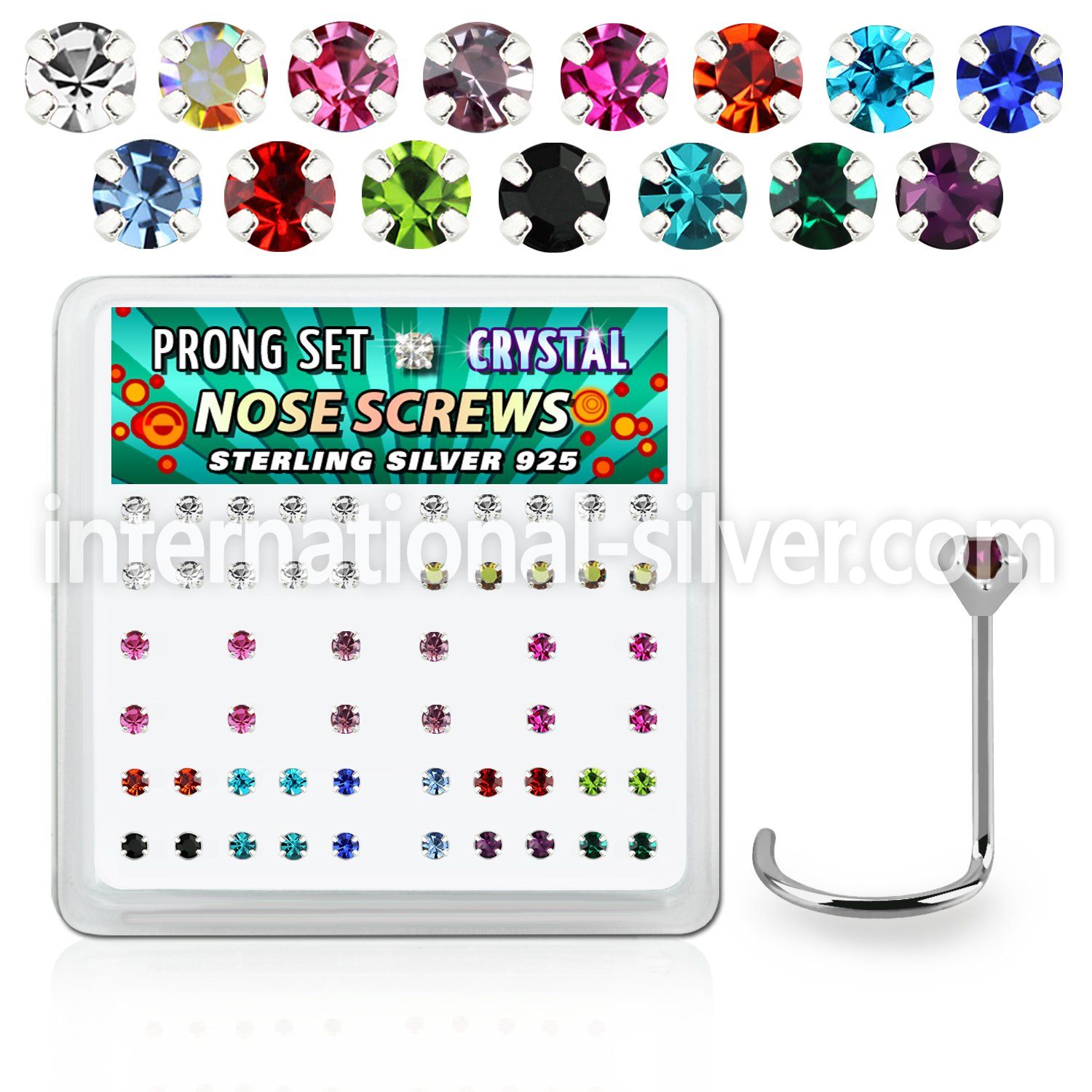 nwp14mx box w 52 silver nose screws w set 2mm mix color crystals