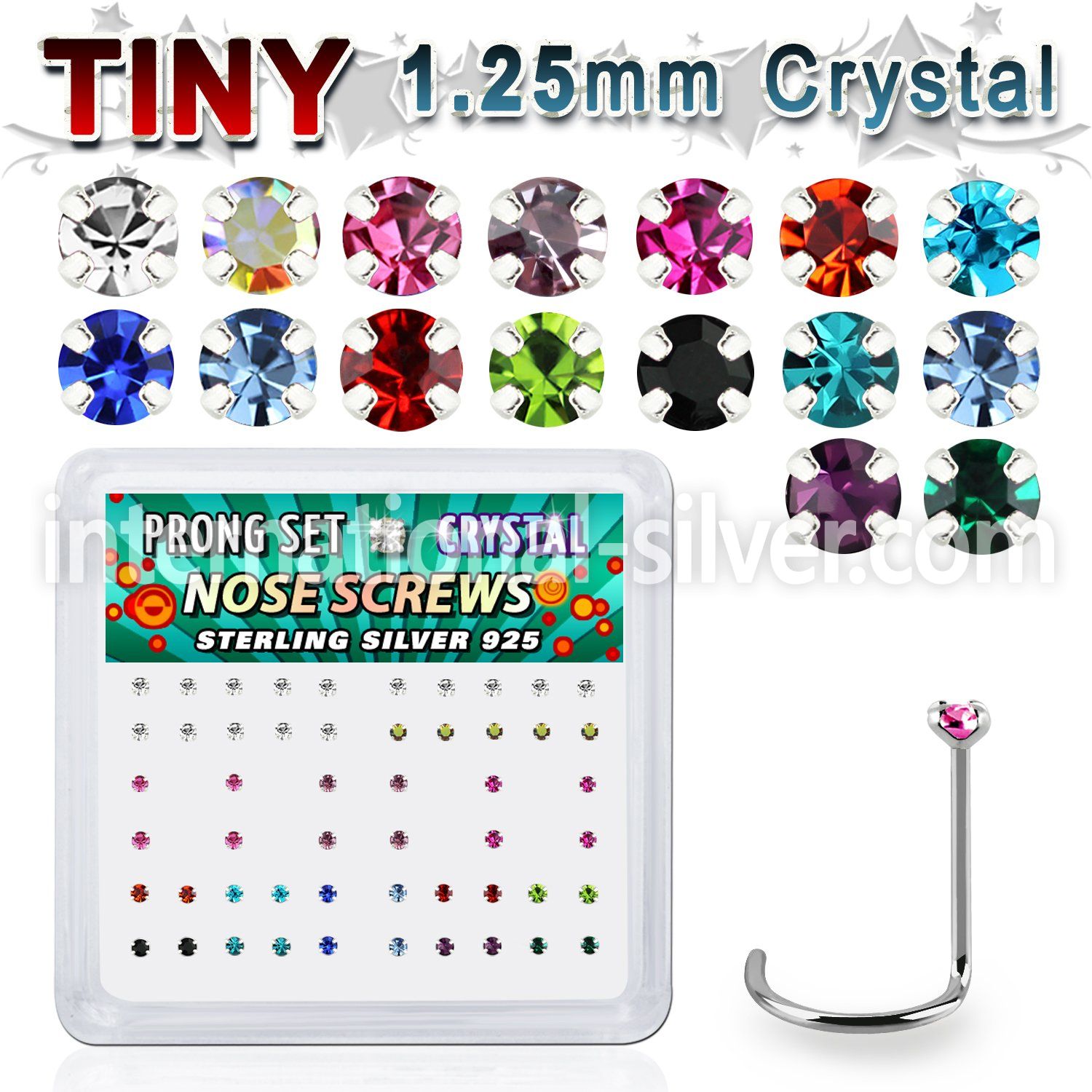 nwp6mx box w 52 silver nose screws w set 1.25mm mix crystals