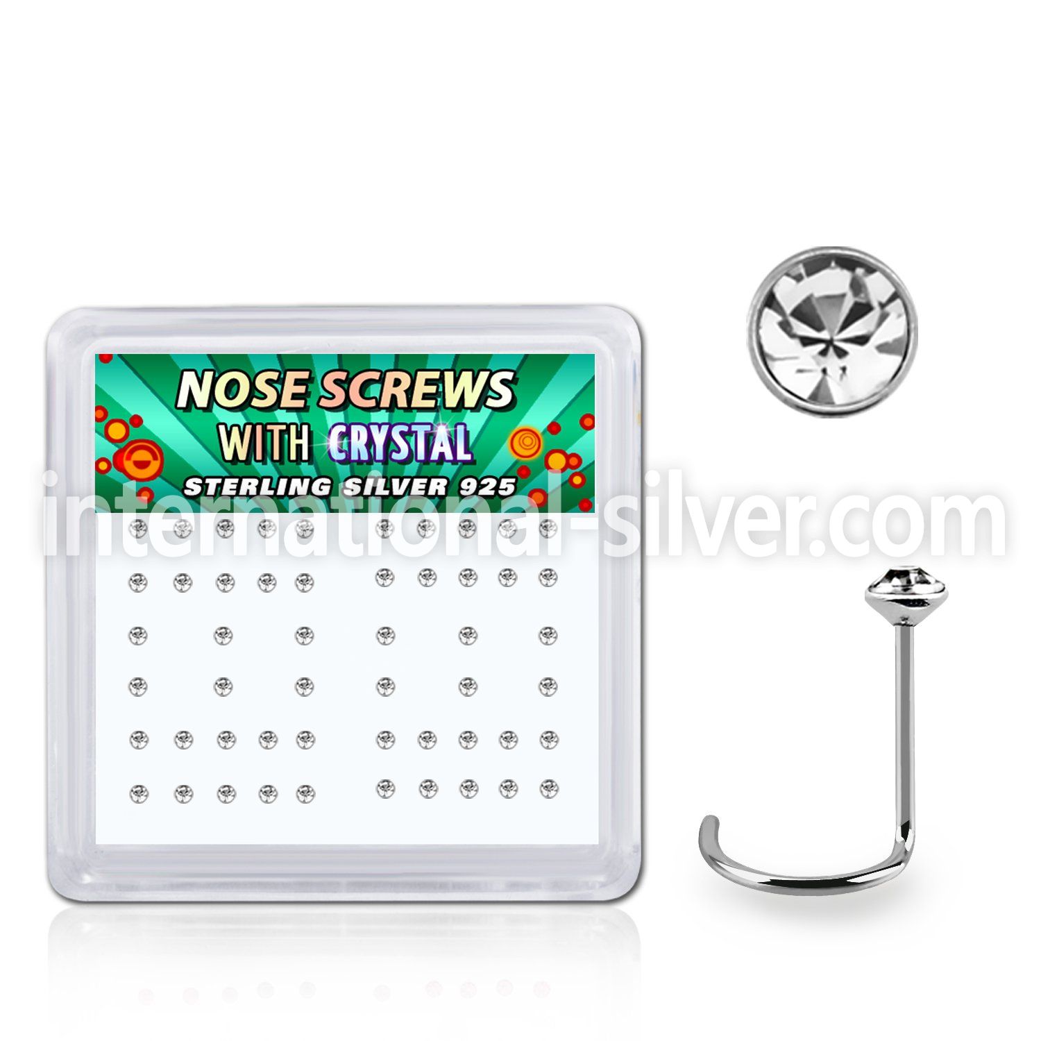 nwrdbxc box w 52 silver nose screws w 1.5mm clear crystals