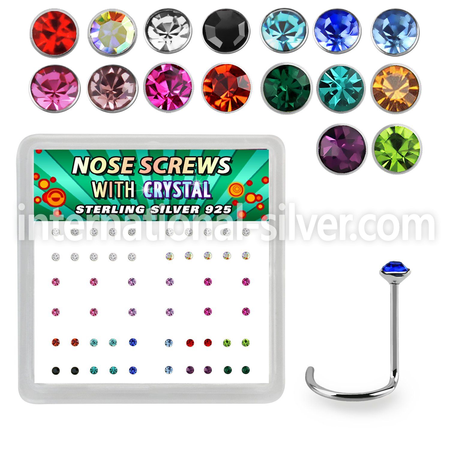 nwrdbxm box w 52 silver nose screws w 1.5mm mix crystals