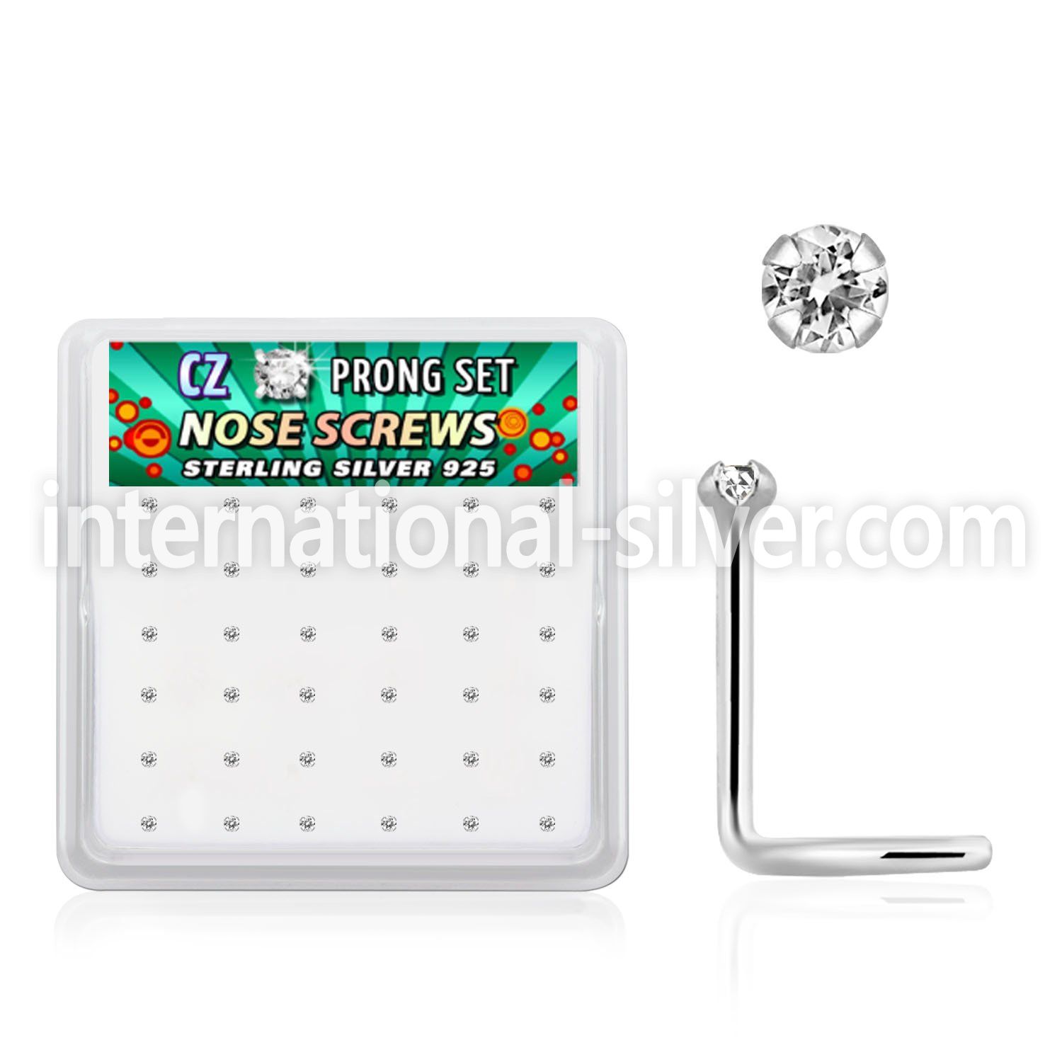 nwz15cbx box of silver nose screws, 20g w 1.5mm round clear cz 