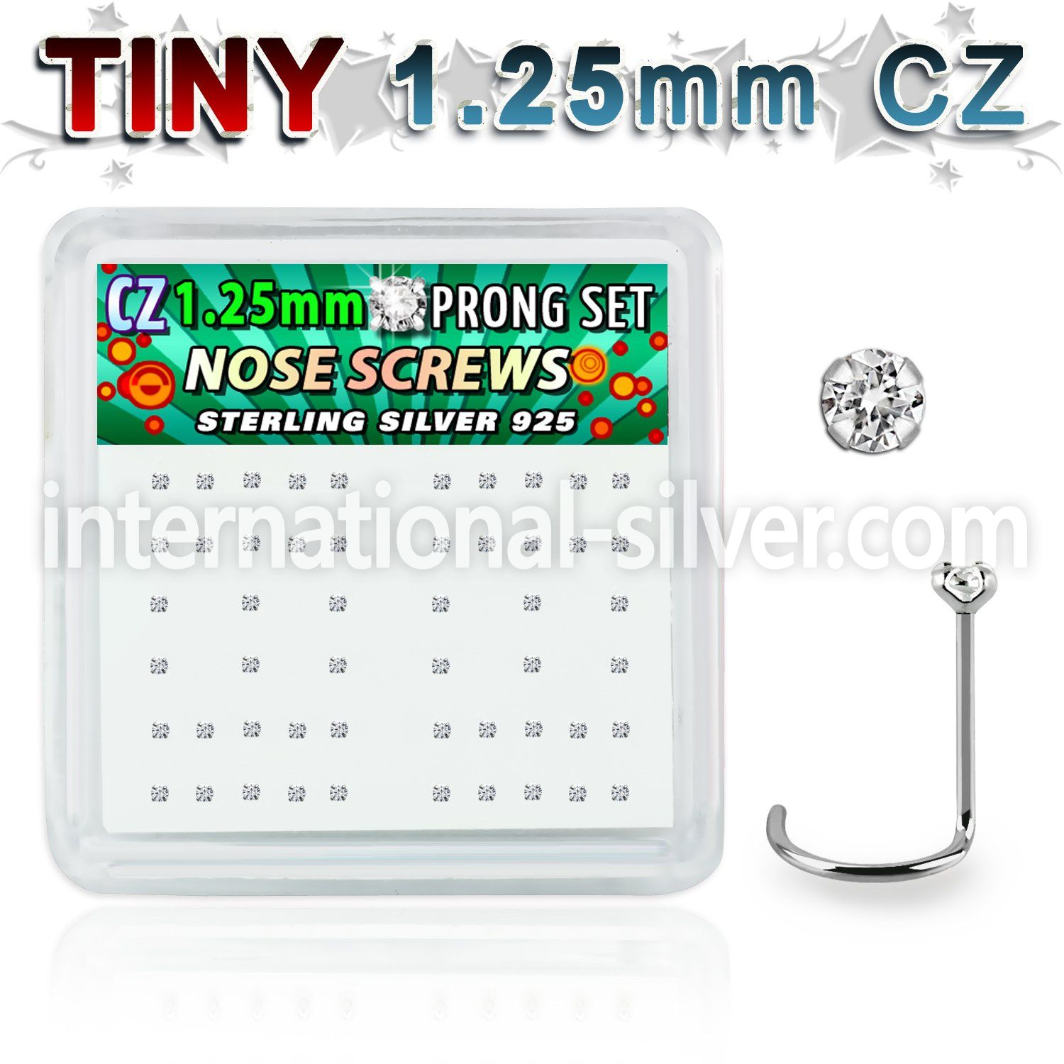 nwzbc12 box w 52 silver nose screws w prong set 1.25mm clear czs