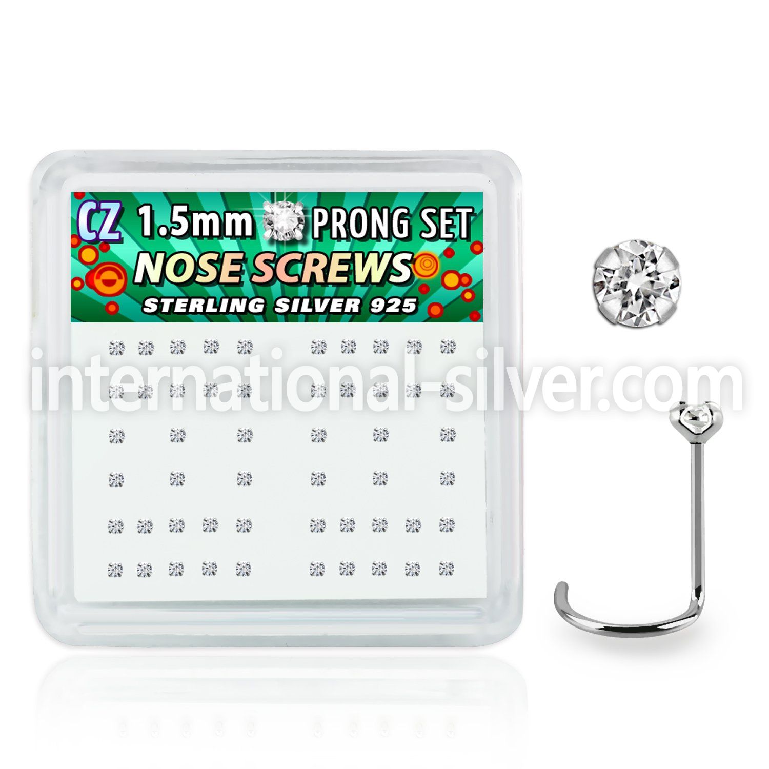 nwzbxc box w 52 silver nose screws w prong set 1.5mm clear czs