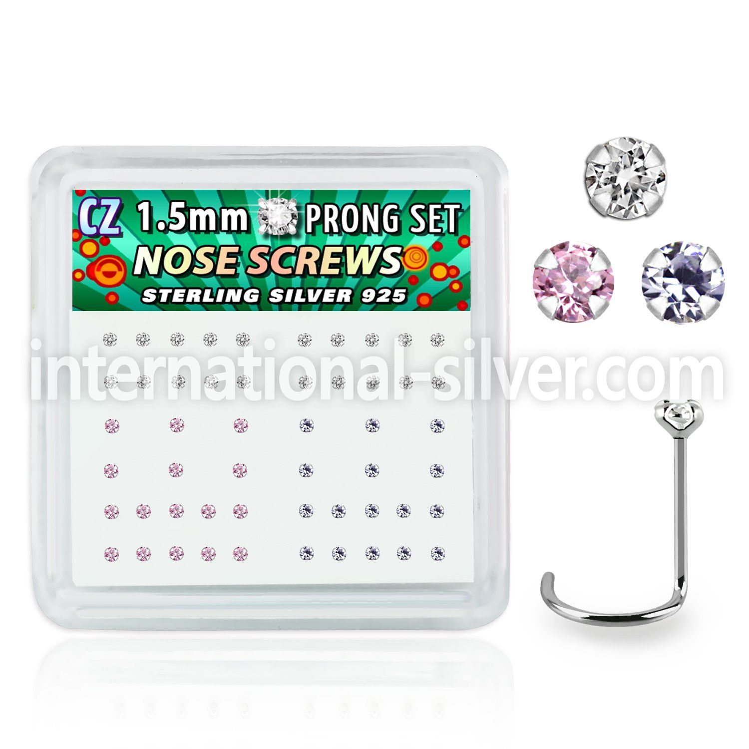 nwzbxm box w 52 silver nose screws w prong set 1.5mm mix czs