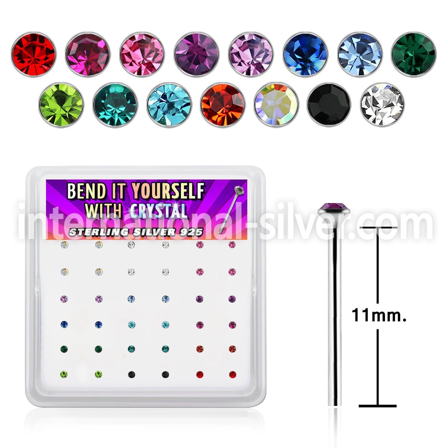 ny9mbx box silver bend it nose studs, 20g w 1.5mm crystals
