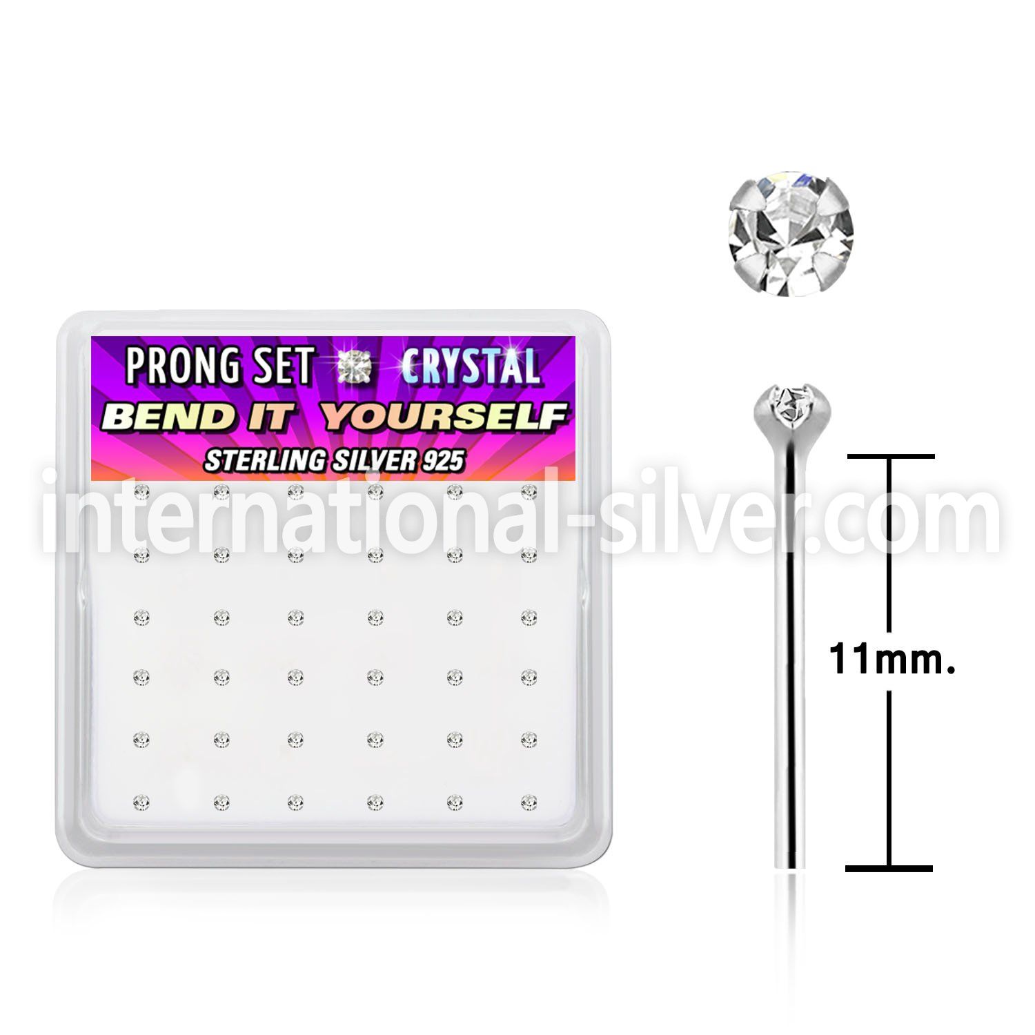 nyp9cbx silver bend it nose studs, 20g w 1.5mm clear crystals