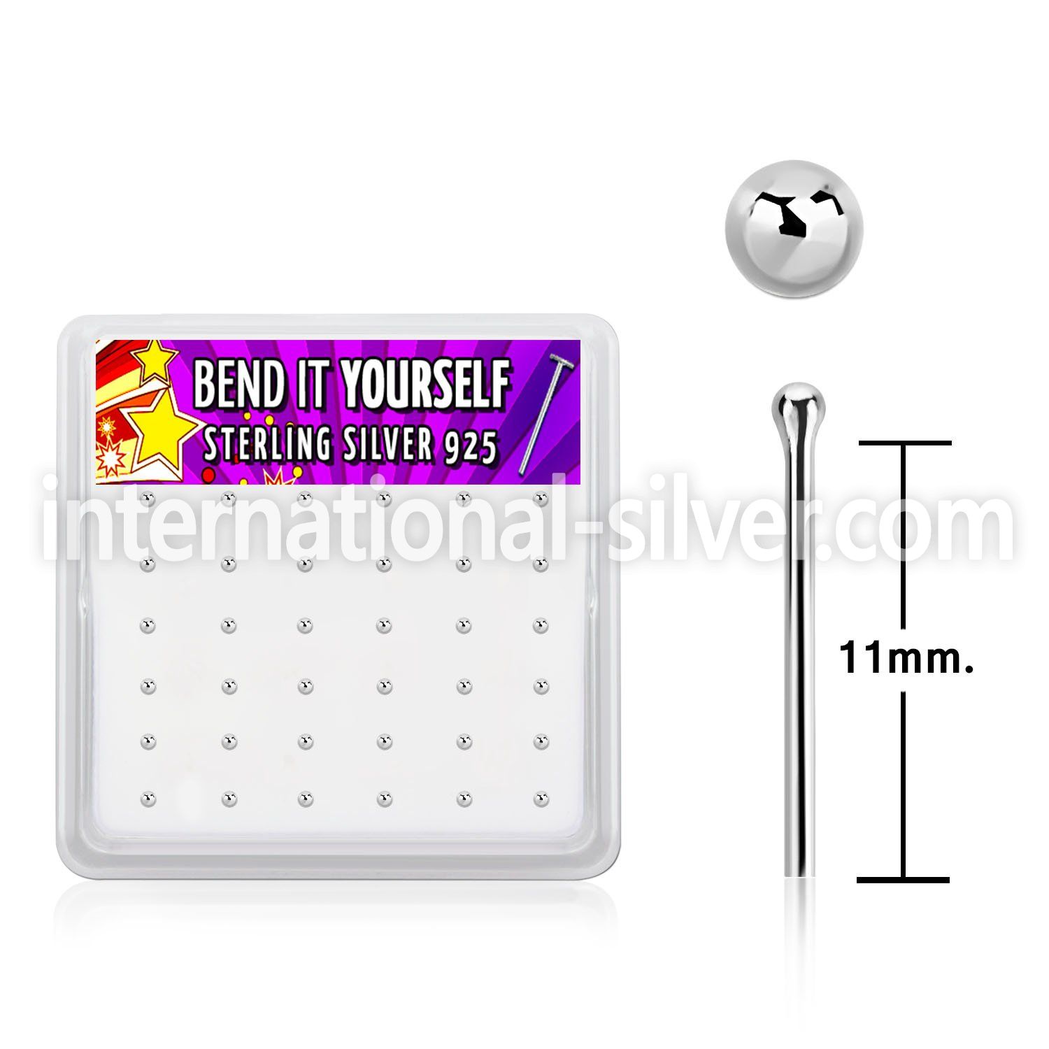 nysv15bx box w silver bend it nose studs, 20g w 1.5mm ball top