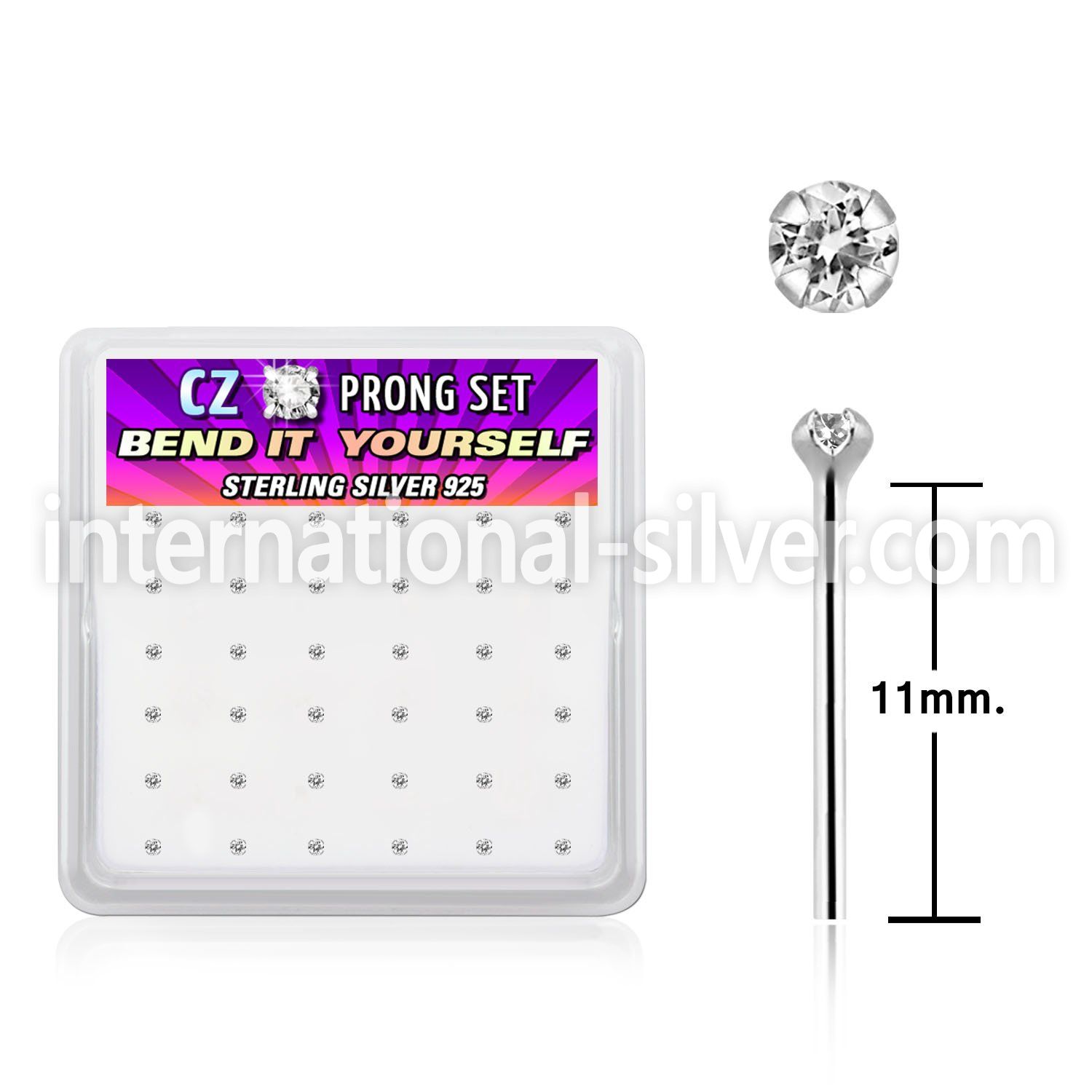 nyz15cbx box w silver bend it nose stud 20g 1.5mm clear set cz