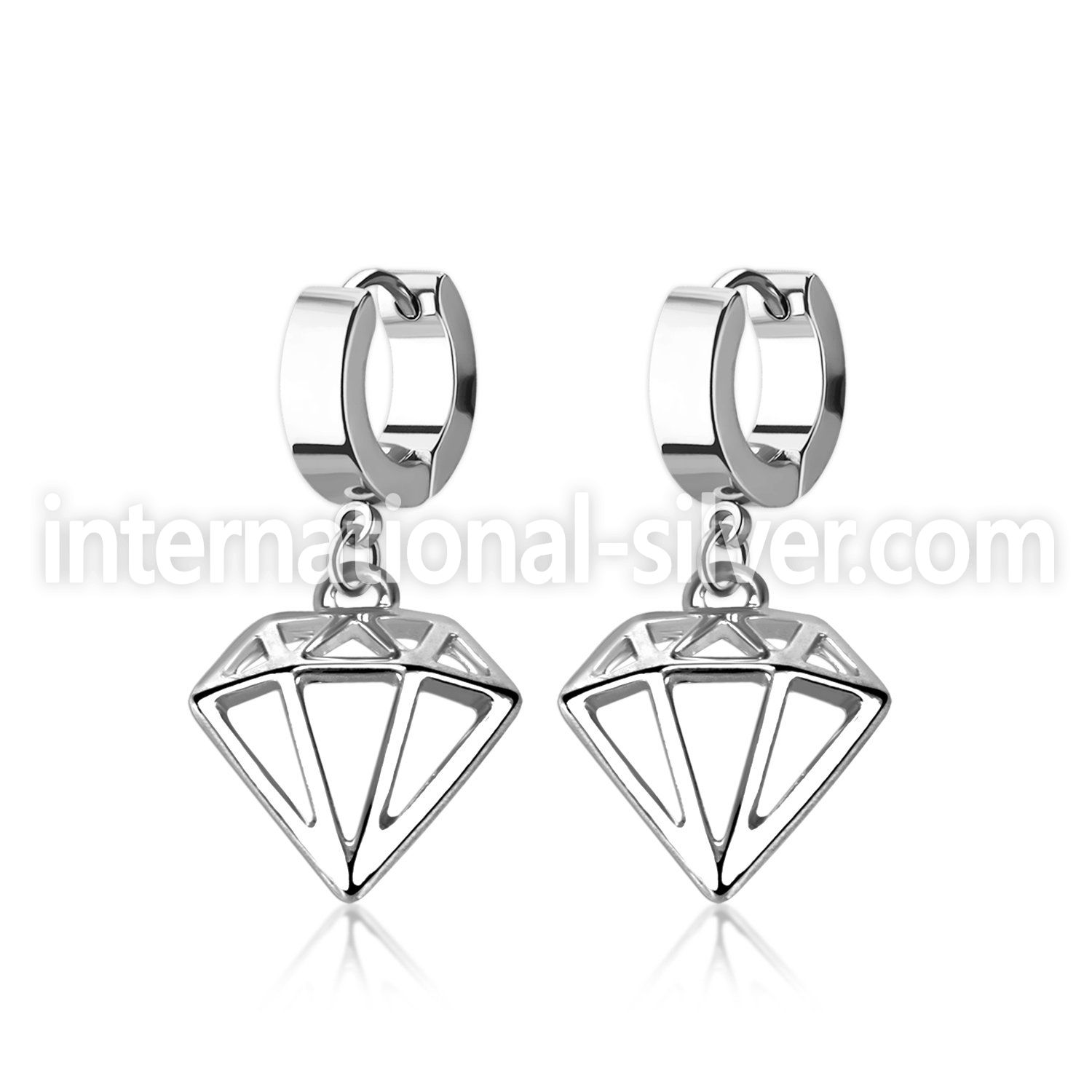 pair of stainless steel huggies w diamond dangling 