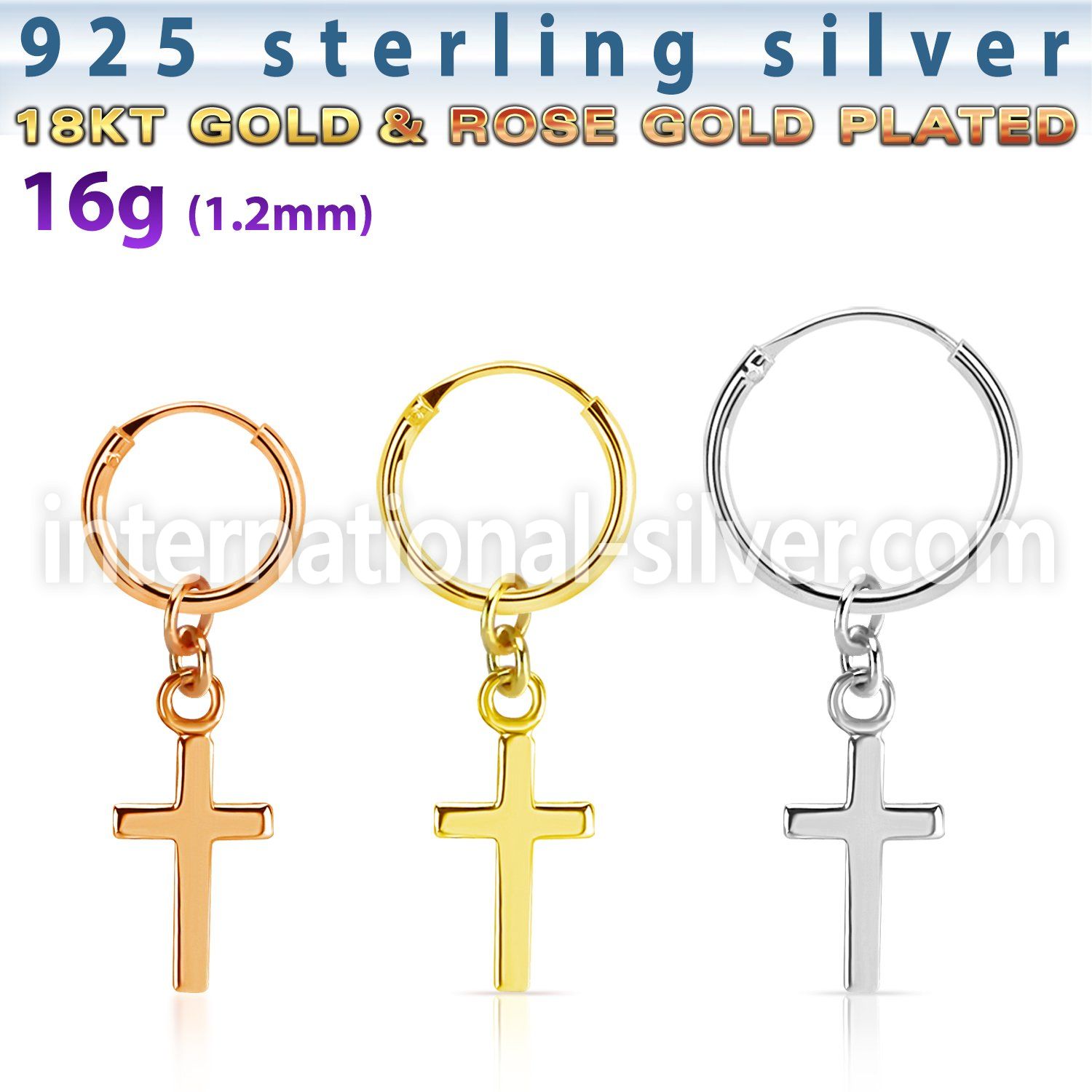 phod39 silver helix hoop earring w plain silver cross dangling