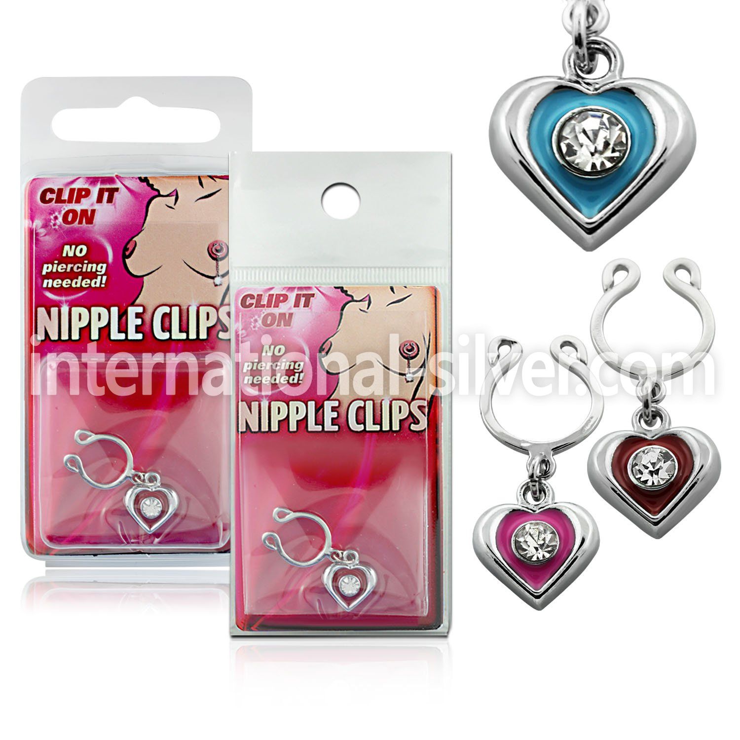 pknp23 nonpiercing nipple clip with dangling heart w crystal