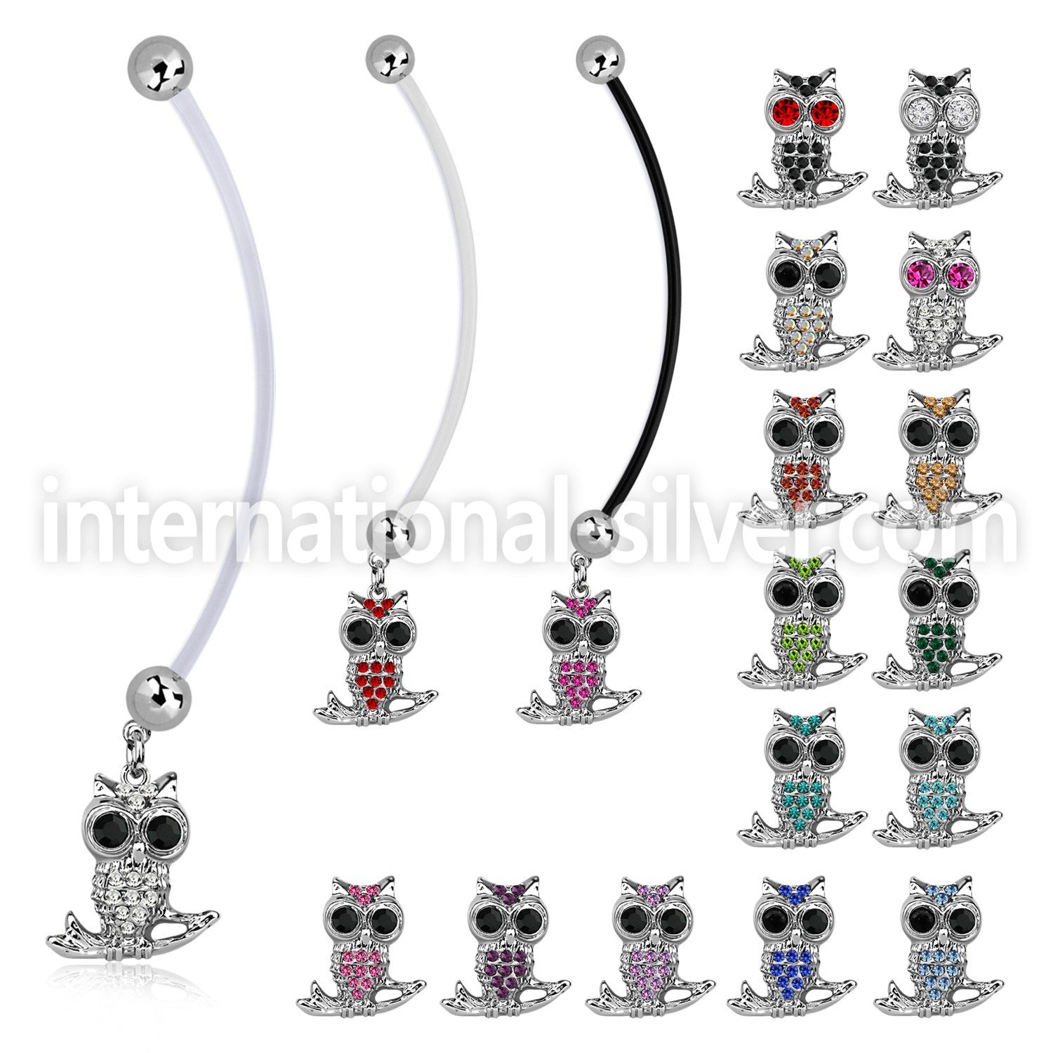 pnd465 pregnancy belly ring w crystal owl sitting on a branch