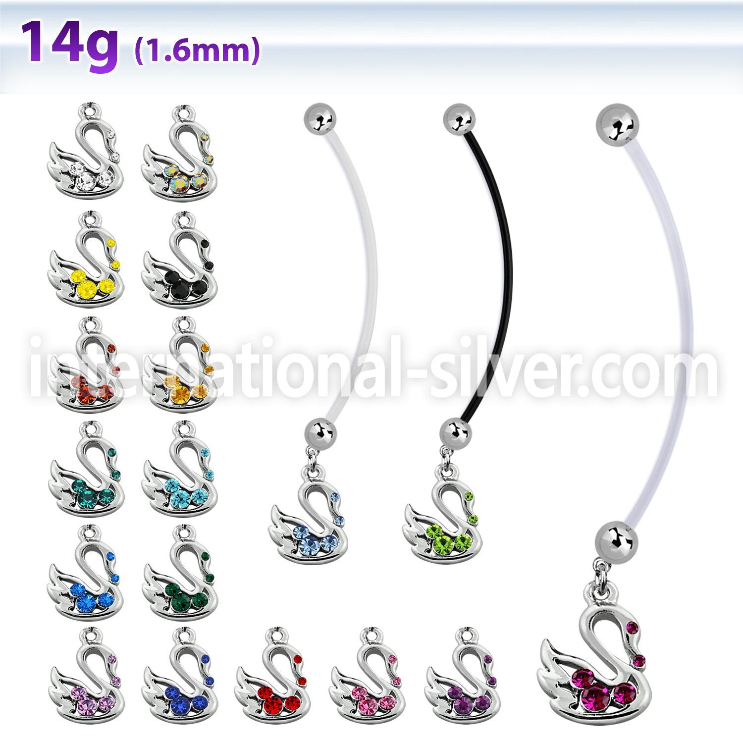 pnd472 pregnancy belly ring w dangling swan with crystals 
