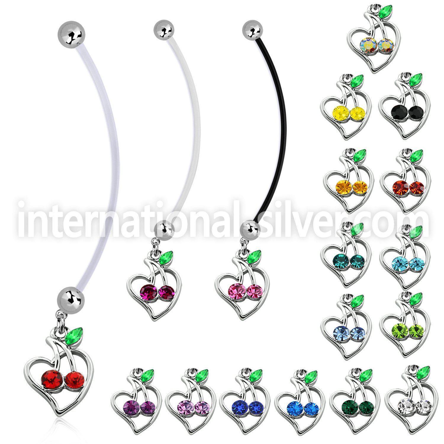 pnd474 pregnancy belly ring w crystal cherries in heart 