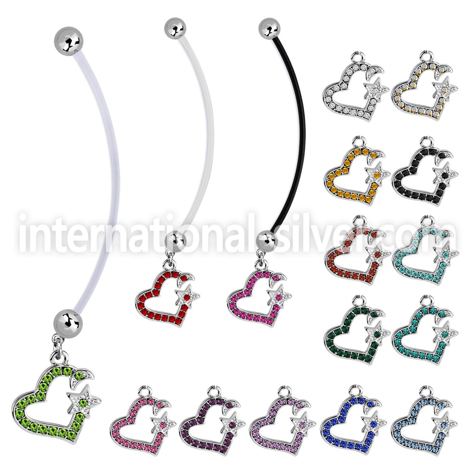 pnd527 pregnancy belly ring w dangling crystal studded heart 