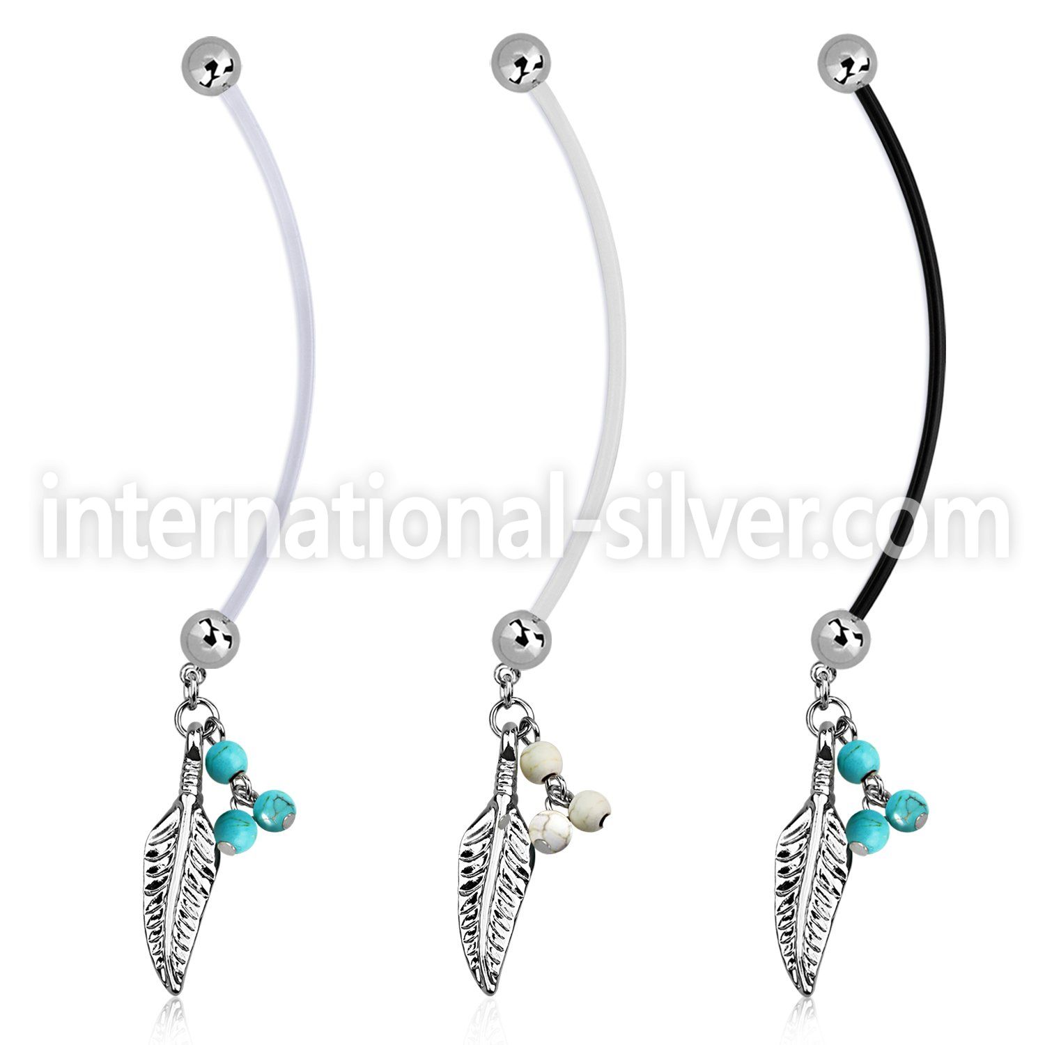 pnd601b pregnancy belly ring w dangling feather turquoise balls 