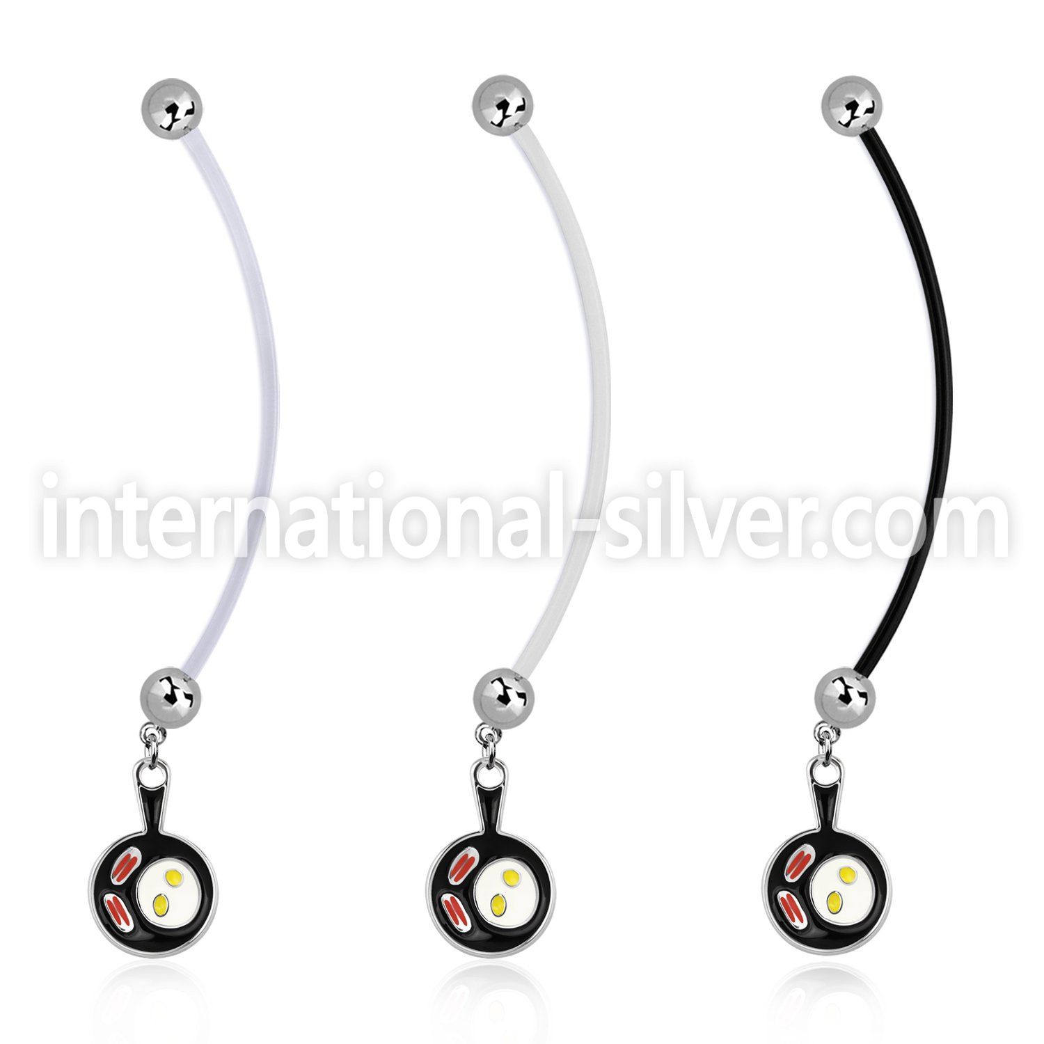 pnd646 pregnancy belly ring w dangling bacon eggs black pan 
